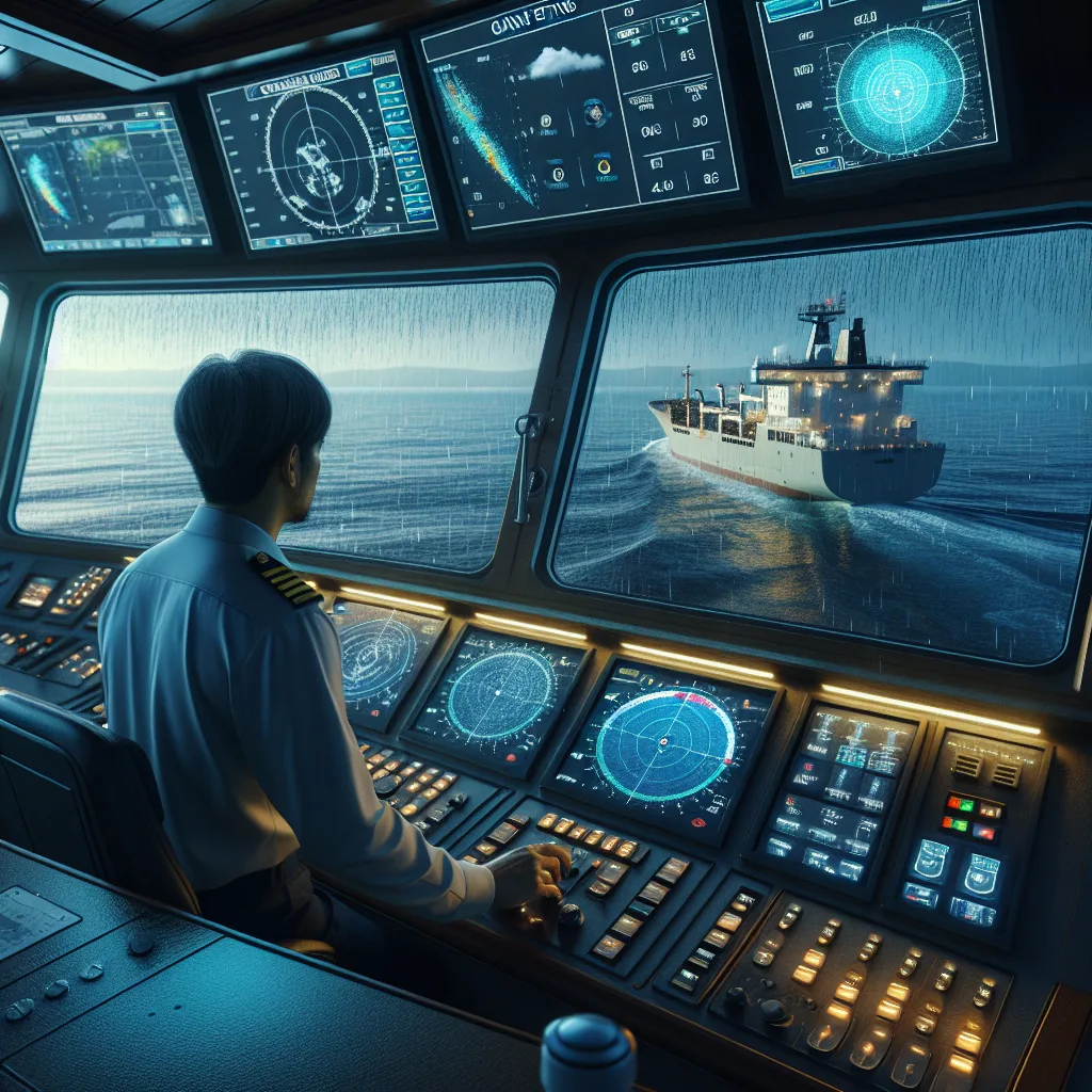Hyper-realistic maritime bridge scene at dusk showing a professional navigator adjusting radar controls; in the radar display, optimized gain settings reduce sea clutter waves and rain clutter reflections, with clear distinguishable vessel echoes; visible ocean with moderate waves and rain drops, modern radar screen displaying digital filters applied, dual monitors with nautical charts and real-time AIS data overlays; ambient lighting highlighting technical instruments, detailed ship controls, and wet deck surfaces reflecting electronic lights.