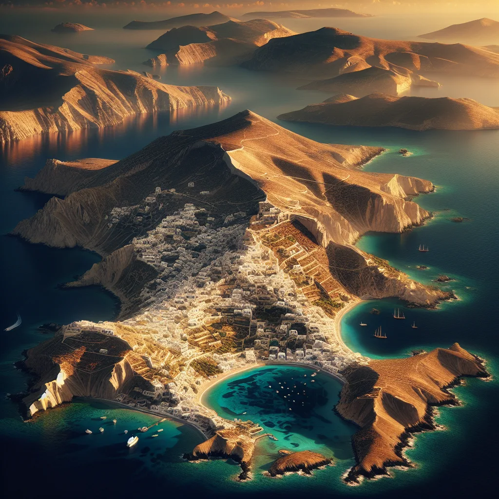 Hyper-realistic cinematic ultra-detailed depiction of Astypalaia island featuring its distinctive butterfly-shaped landscape with steep cliffs and scattered whitewashed villages under vivid summer daylight. The image includes turquoise coves with sandy and pebble beaches, traditional Cycladic houses clustered on hillsides, the medieval castle atop the main town, and the sparkling Aegean sea surrounding the island, captured in golden hour lighting to accentuate texture and shadows.