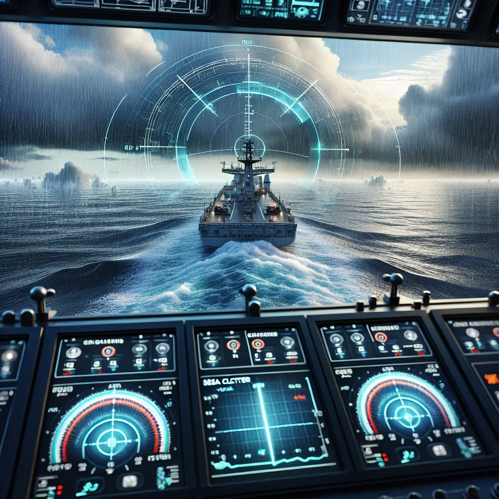 A hyper-realistic maritime radar screen display aboard a modern ship bridge showing a clean radar image optimized for sea and rain clutter with graphical indicators of gain settings, sea clutter filter active, and rain clutter filter adjustments, detailed ship helm and navigation instruments visible in the background, under a cloudy sky with light rain over choppy open sea.