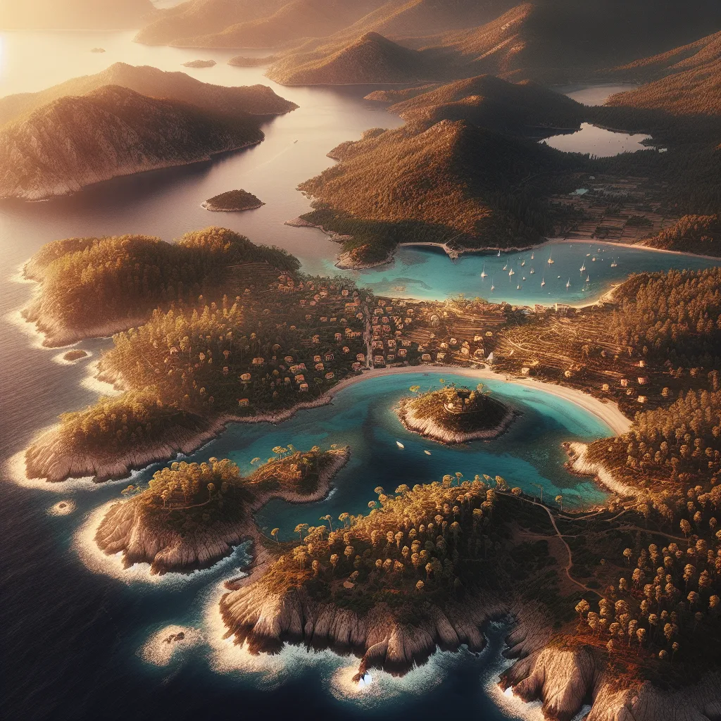 Hyper-realistic cinematic image of Skyros island showing rugged cliffs and sandy beaches under warm summer daylight. The scene highlights lush pine forests descending towards crystal-clear coves and small traditional villages with terracotta roofs scattered on rolling hills. Ultra-detailed texture of sea and land, golden hour lighting enhancing natural colors, emphasizing the island's unique blend of wild nature and quaint settlements.