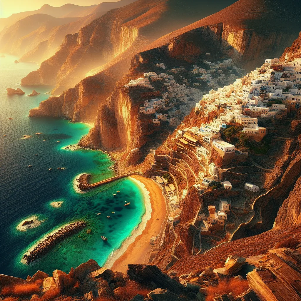 Amorgos Greek island bathed in golden hour light, showcasing steep cliffs dropping into sparkling turquoise waters, quaint whitewashed villages perched on slopes with narrow winding alleys, sandy coves and rocky beaches. Hyper-realistic, cinematic and ultra-detailed depiction emphasizing the dramatic elevation changes, crystal-clear sea, and serene atmosphere typical of the Cyclades.