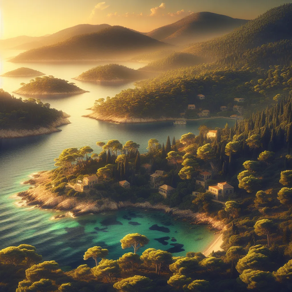 Hyper-realistic cinematic landscape of Agistri island in the Saronic Gulf during golden hour sunlight, showcasing lush green pine forests meeting sandy beaches and small coves, traditional stone-built villages perched on gentle hillsides with the sparkling Aegean Sea in the background, ultra-detailed depiction of turquoise waters, cliff edges blending into vegetation, and quaint seaside harbors under warm summer daylight