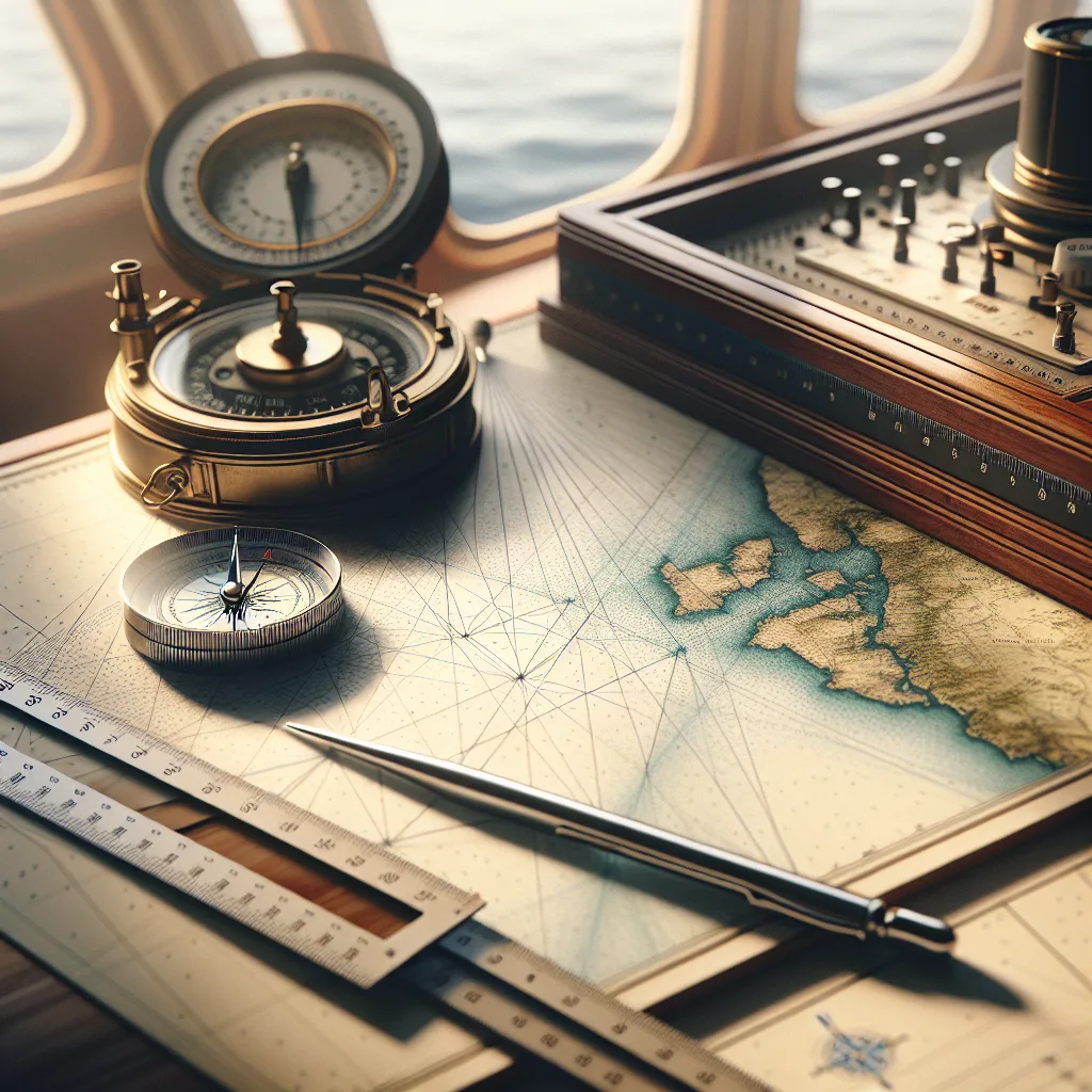 A hyper-realistic nautical scene showing a close-up of a traditional maritime paper chart spread on a boat's navigation table, with a pair of parallel rulers placed over the chart aligning a plotted course line between two coastal points, a classic magnetic compass nearby, and soft daylight illuminating the scene, evoking the precision and calm focus of manual navigation at sea.