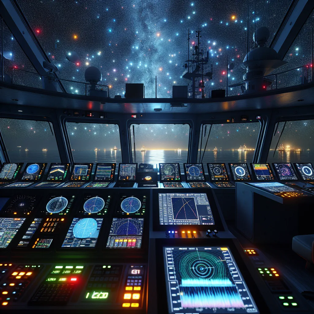 Hyper-realistic maritime scene depicting a large modern vessel bridge at night, featuring multiple GNSS and GPS receiver screens displaying satellite constellations including GPS, GLONASS, and Galileo in different colors. The scene shows radar and ECDIS electronic displays alongside the GNSS interfaces. Outside the windshield, the sea is calm under a starry sky with visible satellite signal paths illustrated in holographic projection above the horizon. The environment emphasizes precision navigation technology operating in real-time marine conditions.
