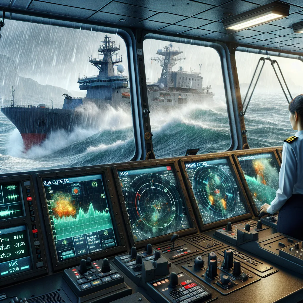 A hyper-realistic maritime bridge scene showing an advanced ship radar screen displaying sea clutter and rain clutter effects, with technical readouts of gain settings, clutter filters, and signal strength; the bridge is professionally lit, with a captain adjusting controls, a large radar antenna visible on the ship mast outside, stormy sea conditions with visible rain droplets and waves, emphasizing the challenges faced in radar signal processing at sea.