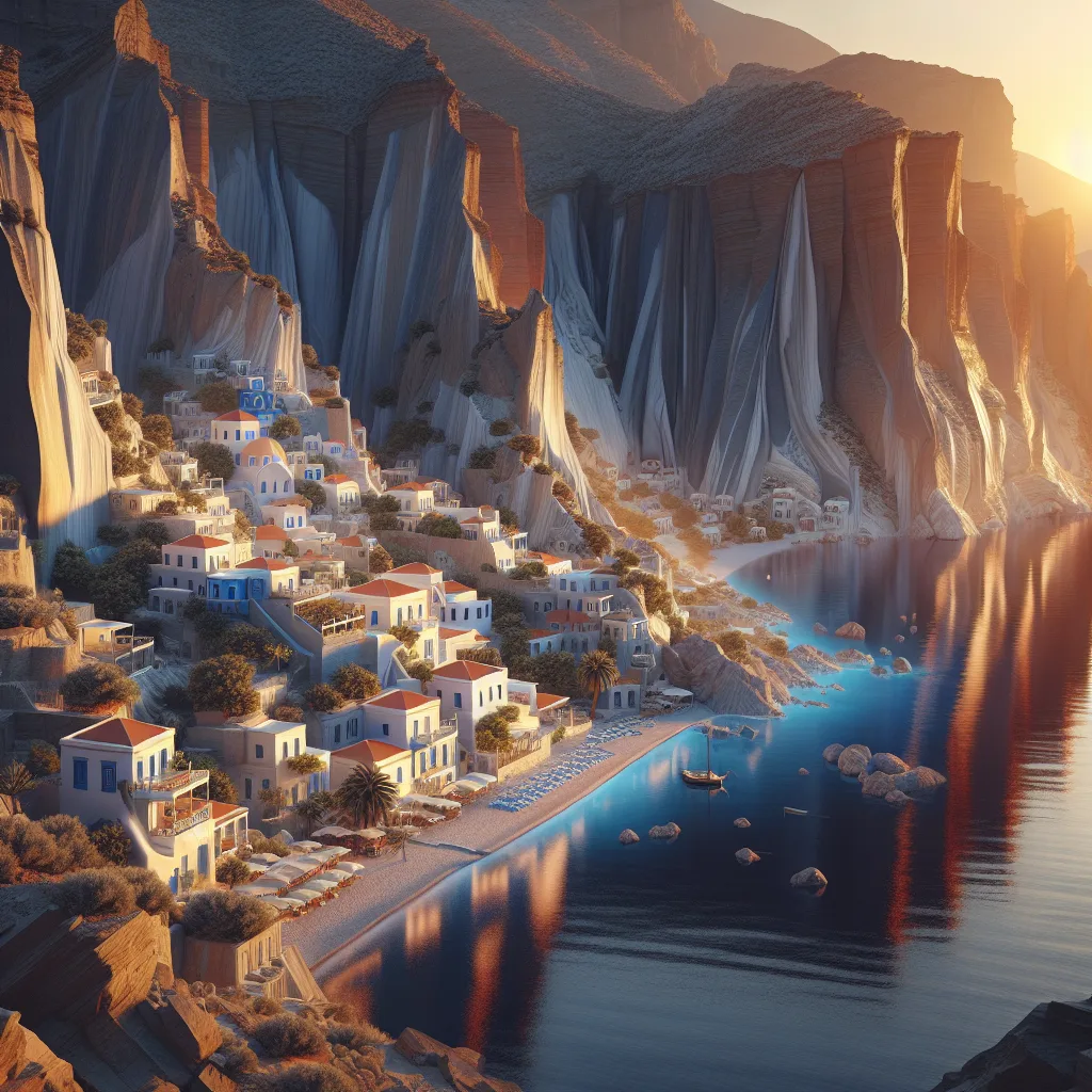 Λεβιθος νησί, Κυκλάδες, υπερ-ρεαλιστική απεικόνιση ηλιοβασιλέματος με δραματικά απόκρημνα βράχια, μικρούς παραδοσιακούς οικισμούς με λευκά σπίτια και κεραμοσκεπές, γαλάζιες κρυφές παραλίες με αμμουδιά και αρμυρίκια, φωτορεαλιστικό τοπίο με καθαρές αντανακλάσεις στο νερό, κινηματογραφικό ύφος, εξαιρετική λεπτομέρεια φύσης και αρχιτεκτονικής