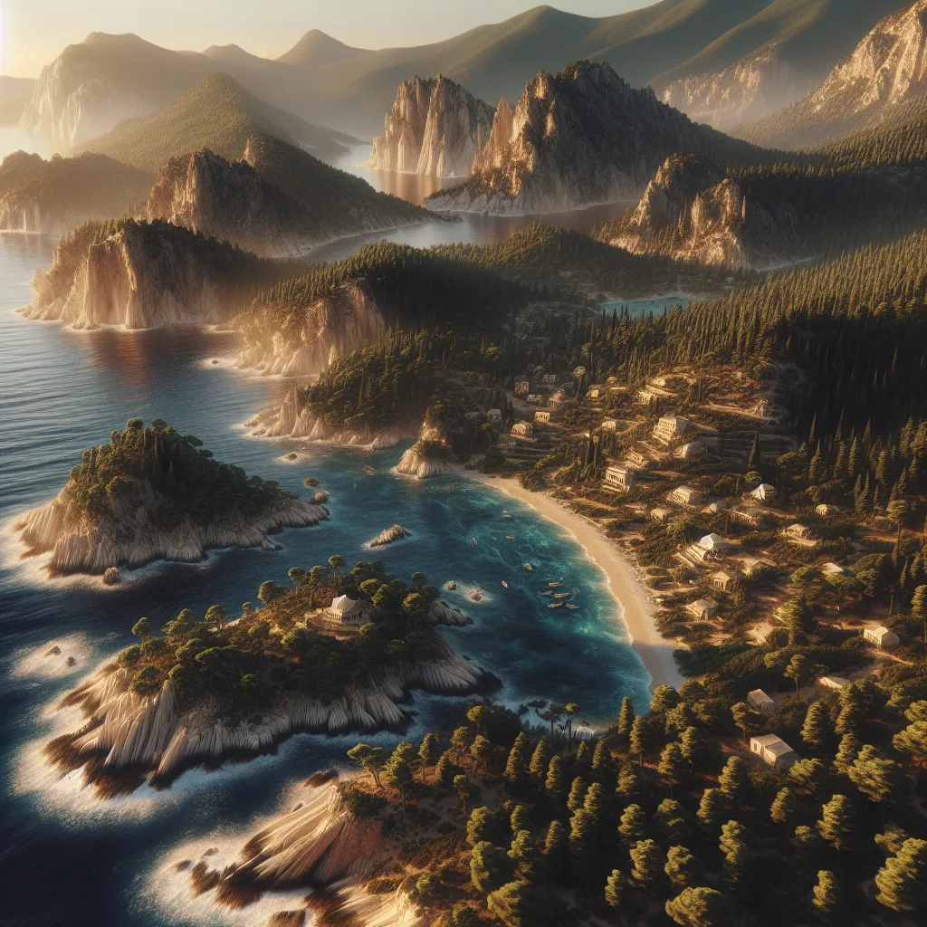 Hyper-realistic, cinematic, ultra-detailed depiction of Ikaria island showcasing its rugged cliffs, dense pine forests meeting sandy coves, and traditional mountain villages with stone houses under gentle summer daylight during golden hour, emphasizing the island’s unique blend of wild nature and cultural serenity.