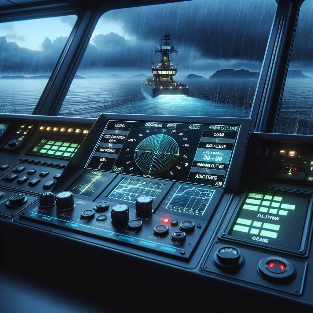 Hyper-realistic maritime radar console at night on a modern ship bridge, displaying a clear radar screen with optimized gain settings showing minimal sea clutter and rain clutter effects, with visible digital filters active; outside the bridge windows, a slightly turbulent sea under dark cloudy skies symbolizes challenging weather conditions, emphasizing advanced radar tuning and maritime navigation technology.