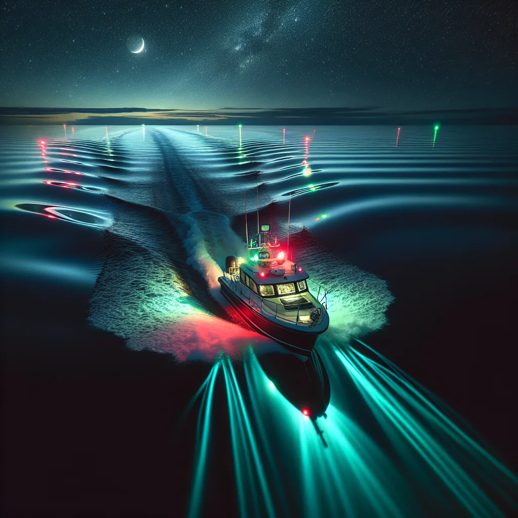Hyper-realistic image of a motorboat navigating at night, showing glowing red and green navigation lights on the sides, calm sea reflecting the lights, a dark starry sky with a faint moon, detailed boat instrumentation displaying radar and GPS, emphasizing safe night maritime navigation.