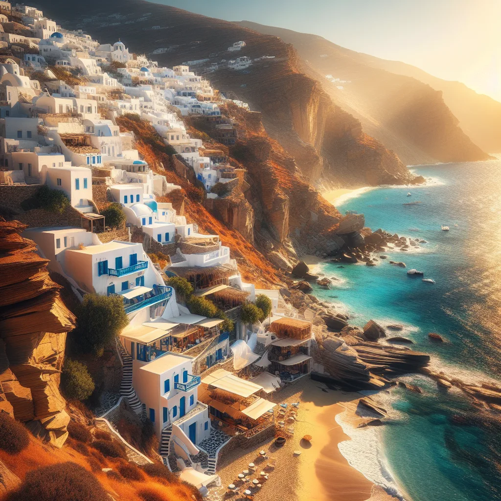 Hyper-realistic cinematic summer daylight depiction of Ios Island in the Cyclades, featuring whitewashed villages with blue accents perched on cliffs overlooking turquoise coves and sandy beaches, golden hour lighting illuminating the Aegean Sea, ultra-detailed textures of rocky formations and traditional Cycladic architecture blending into lush natural landscapes