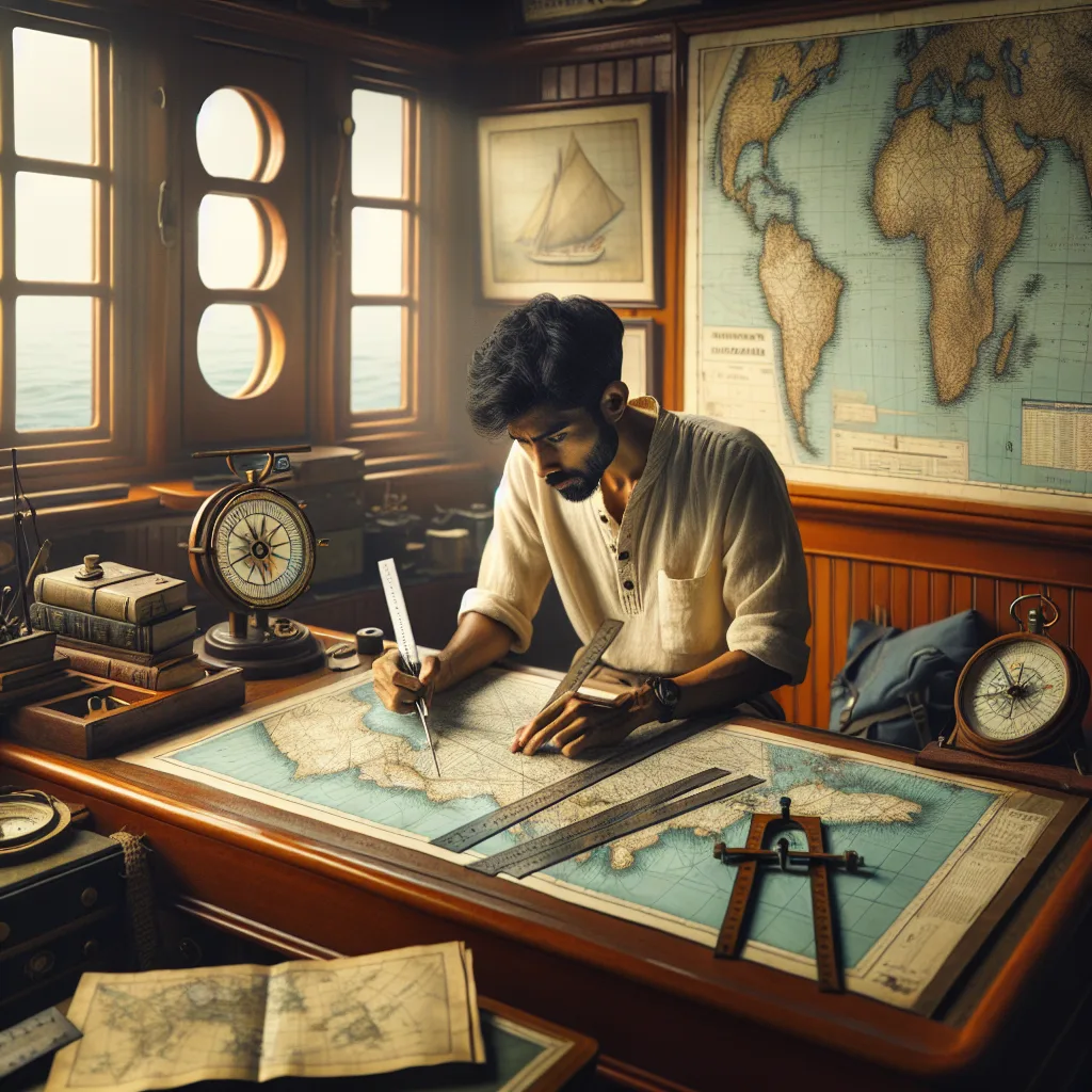 A hyper-realistic maritime scene depicting a navigator plotting a course on a traditional paper nautical chart using parallel rulers and a protractor, with detailed elements such as a wooden table, accurate maps showing coastlines, a compass, and nautical instruments, all set inside a ship's cabin with natural daylight filtering through a window