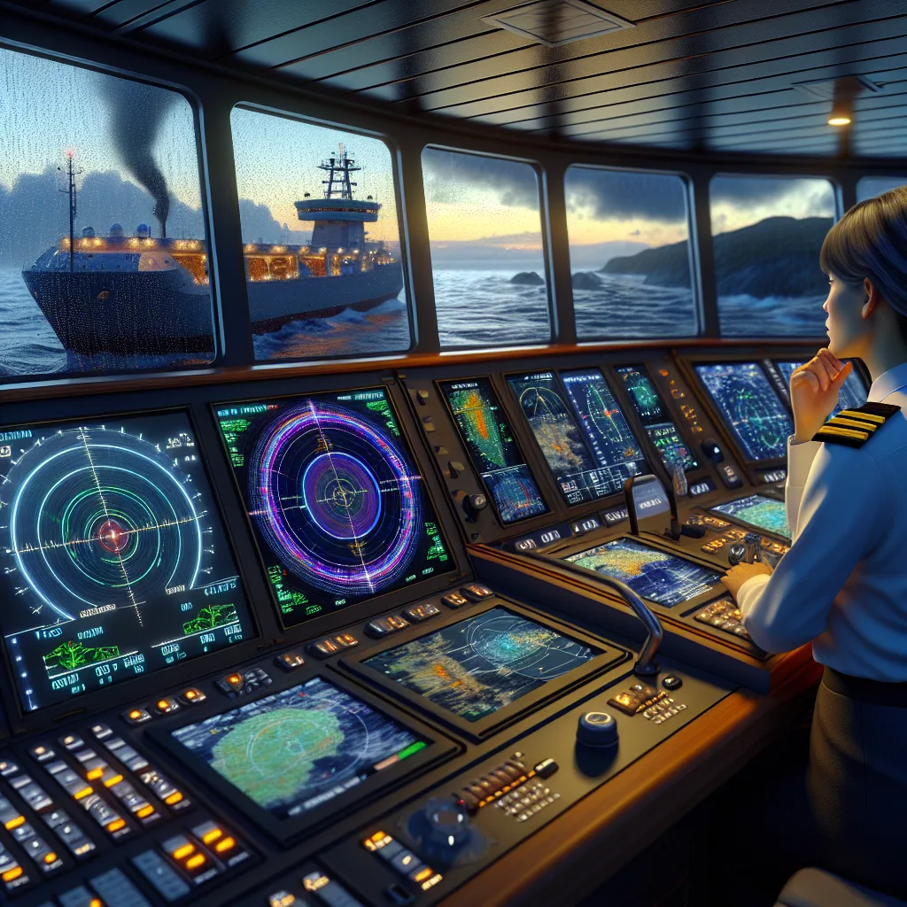 Hyper-realistic image of a modern ship's bridge at dusk showing a radar display with optimized gain settings. The radar screen displays clear target echoes distinct from sea clutter and rain clutter reflections, depicting realistic marine weather effects such as moderate rain and choppy seas. The bridge includes detailed instrumentation panels, a rotating radar antenna visible through the windows, and a captain analyzing the radar data attentively. The scene emphasizes the technical complexity and operational environment of radar tuning in maritime navigation.