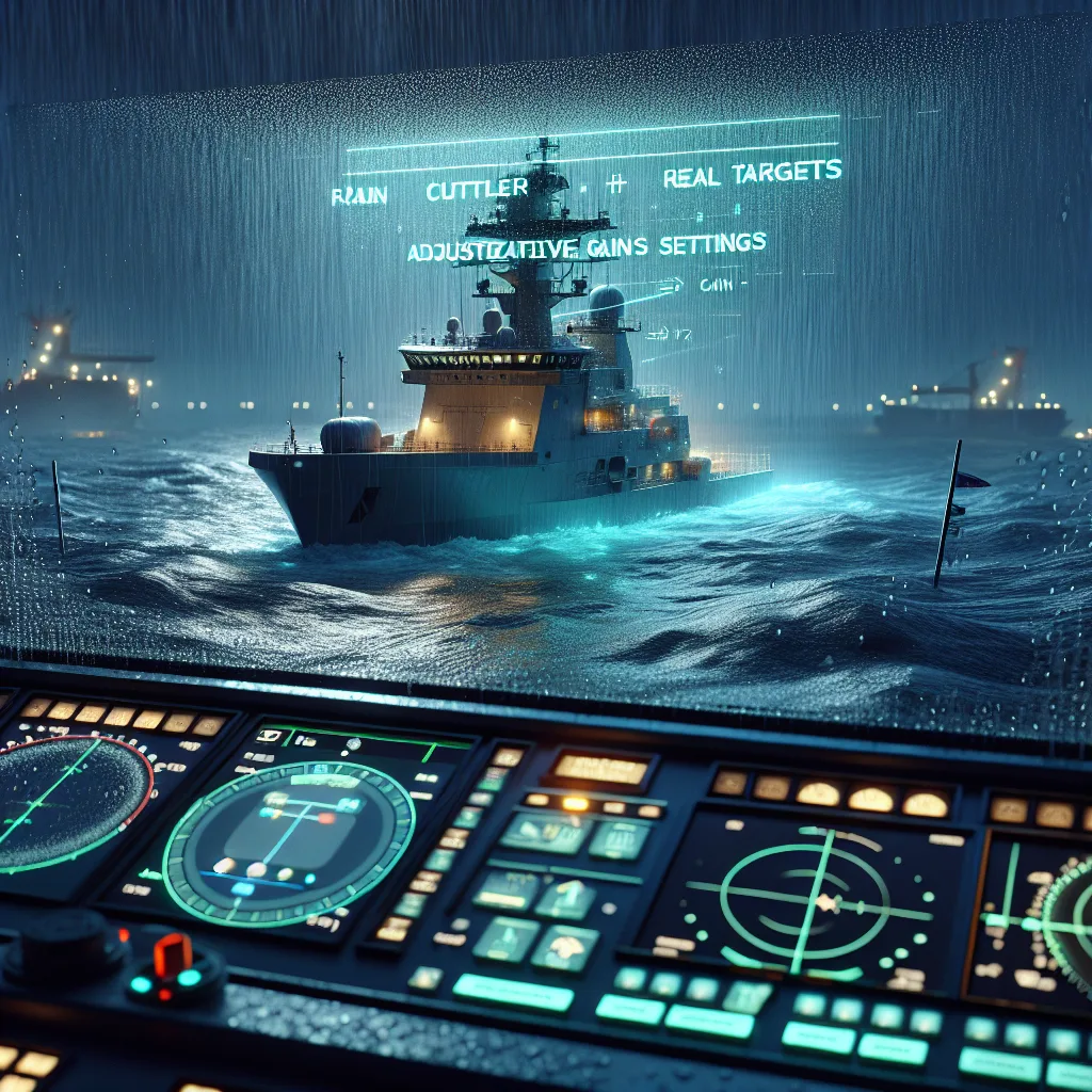 Hyper-realistic maritime radar display on a ship's bridge at night, showing clear separation between sea clutter and real targets; digital radar screen with adjustable gain settings, visualization of rain clutter suppression effects with droplets falling on the ship's bridge windows; sophisticated radar antenna on the ship's mast with sea in moderate swell and rain showers in the background, illuminated by navigation lights.