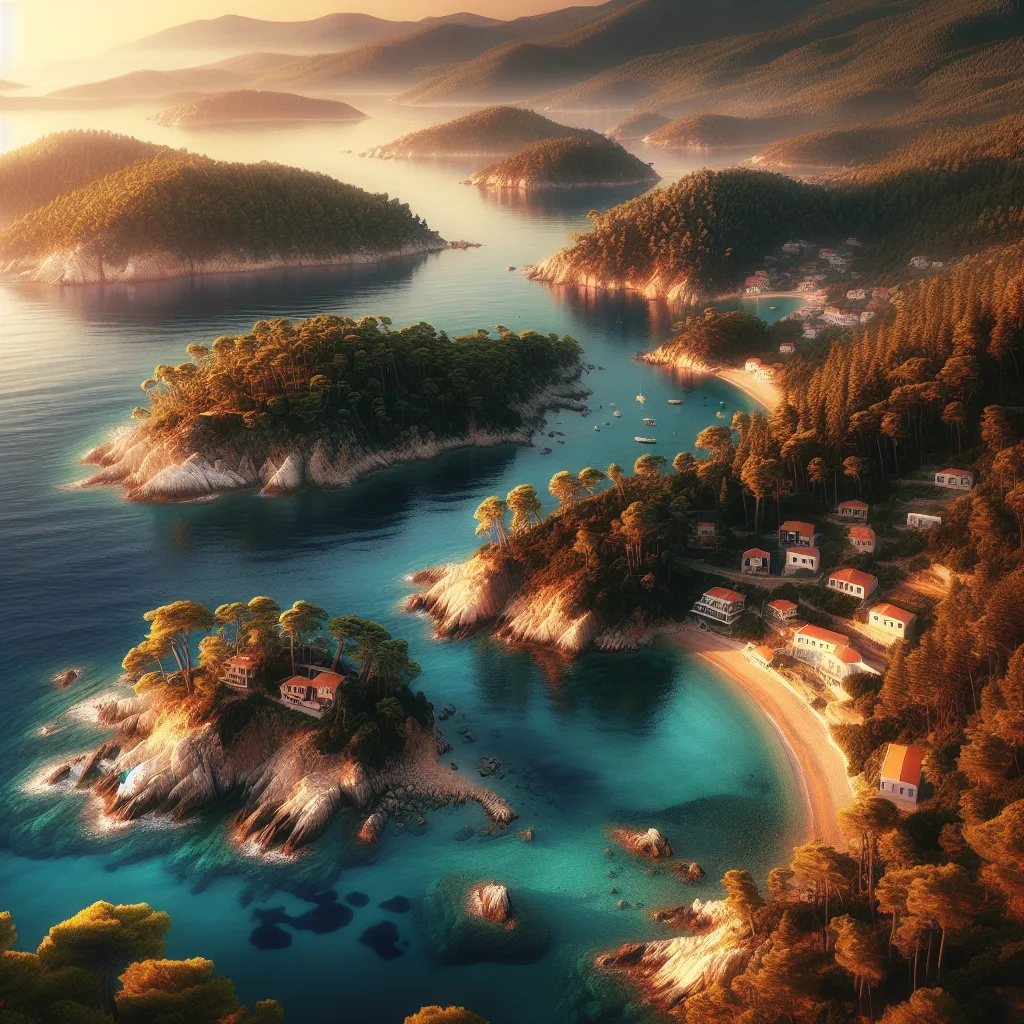 Hyper-realistic, cinematic ultra-detailed view of Skopelos island in the Northern Sporades, showcasing lush green pine forests cascading down rugged cliffs onto serene coves and hidden sandy beaches, picturesque traditional villages with red-tiled roofs under soft golden hour sunlight, crystal-clear turquoise waters gently lapping against rocky shores, emphasizing the island's unique natural beauty and tranquil atmosphere.