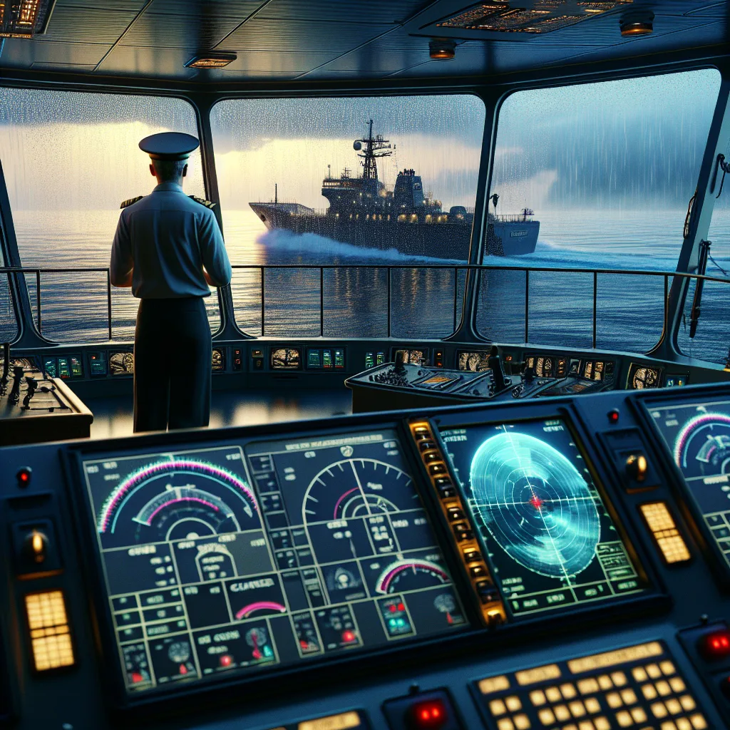 Hyper-realistic maritime bridge scene at dusk featuring a state-of-the-art ship radar screen displaying clear distinctions between sea clutter near the vessel’s bow and rain clutter in the distance; the radar console shows gain, sea clutter, and rain clutter controls being adjusted by a focused officer; through the bridge window, a calm sea with gentle waves contrasts a localized rain squall on the horizon, emphasizing radar signal interpretation in variable conditions; the environment includes detailed reflections on polished instrument panels, modern bridge layout with navigational aids, and atmospheric lighting conveying operational professionalism and technical precision.