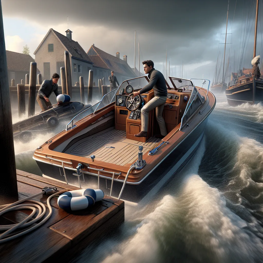 Hyper-realistic image of a motorboat carefully approaching a wooden dock in a narrow harbor under strong sideways wind and visible water currents pushing against the hull. The scene shows a skilled skipper handling the helm and throttle with visible tension in the mooring lines and crew preparing fenders. The background depicts calm but cloudy sky with dynamic water movement, illustrating navigation challenges in crosswind and crosscurrent conditions.