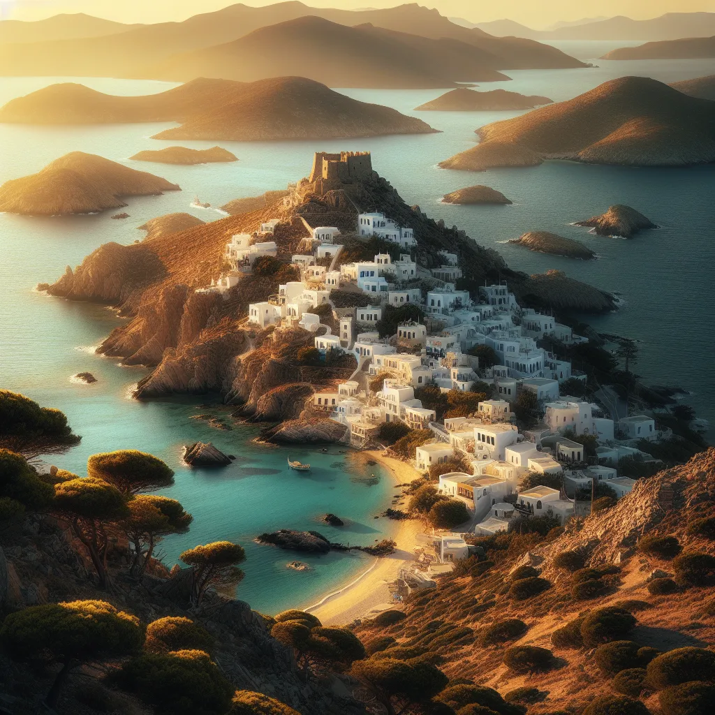 Hyper-realistic cinematic ultra-detailed depiction of Sikinos island in the Small Cyclades. Golden hour lighting illuminating whitewashed traditional village houses clustered around a rocky hill crowned by an ancient castle. The landscape includes rugged cliffs, pebbly and sandy secluded beaches with crystal-clear turquoise waters. Lush pine forests extend towards panoramic sea views of the Aegean Sea dotted with neighboring islets, emphasizing the island's tranquil and authentic character.