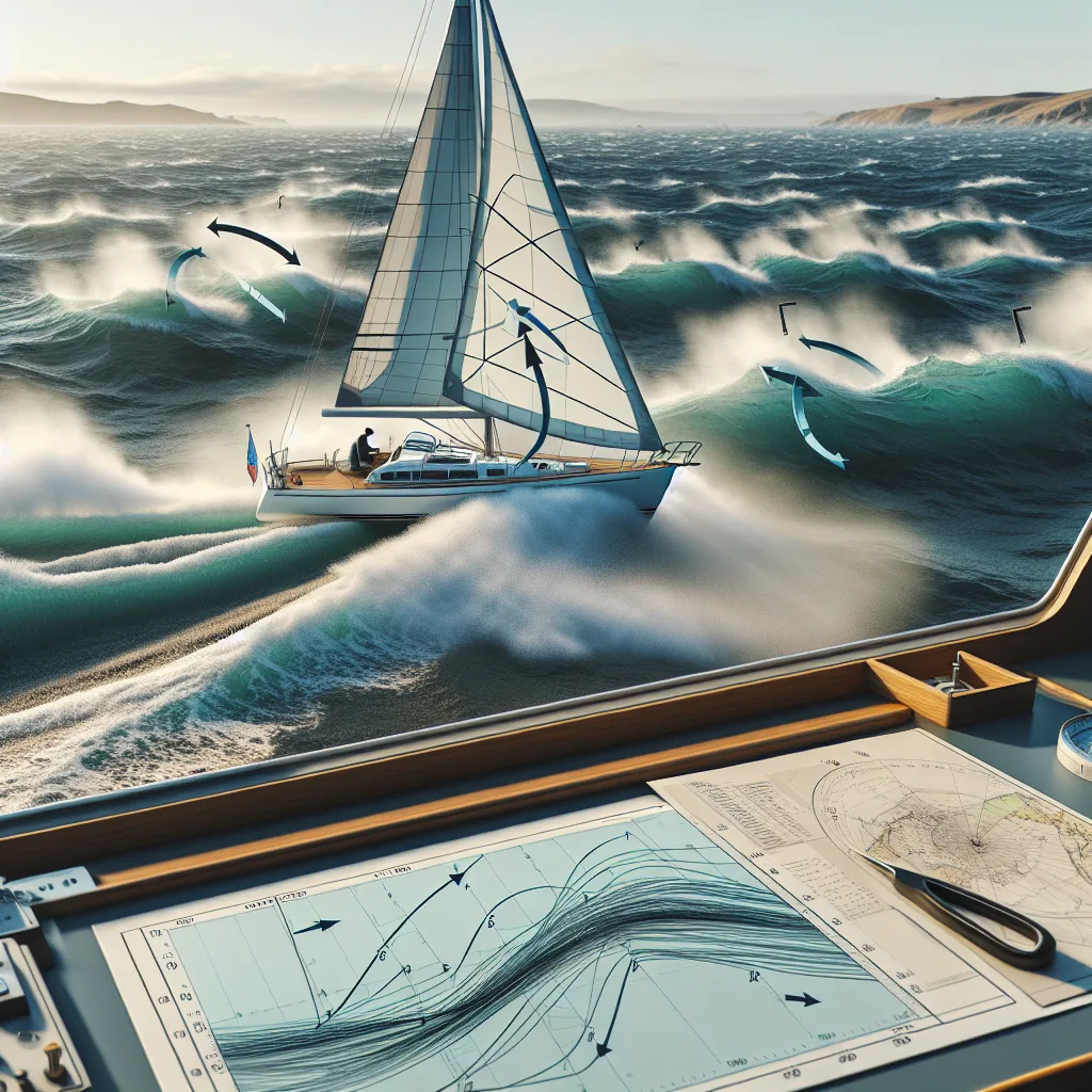 A hyper-realistic image of a small sailing yacht navigating through choppy coastal waters with visible wind arrows pushing from the side, combined with graphical vector diagrams overlayed showing leeway angle and ocean current set and drift, with a paper nautical chart and parallel rulers visible on the yacht's navigation table in the foreground during a sunny day