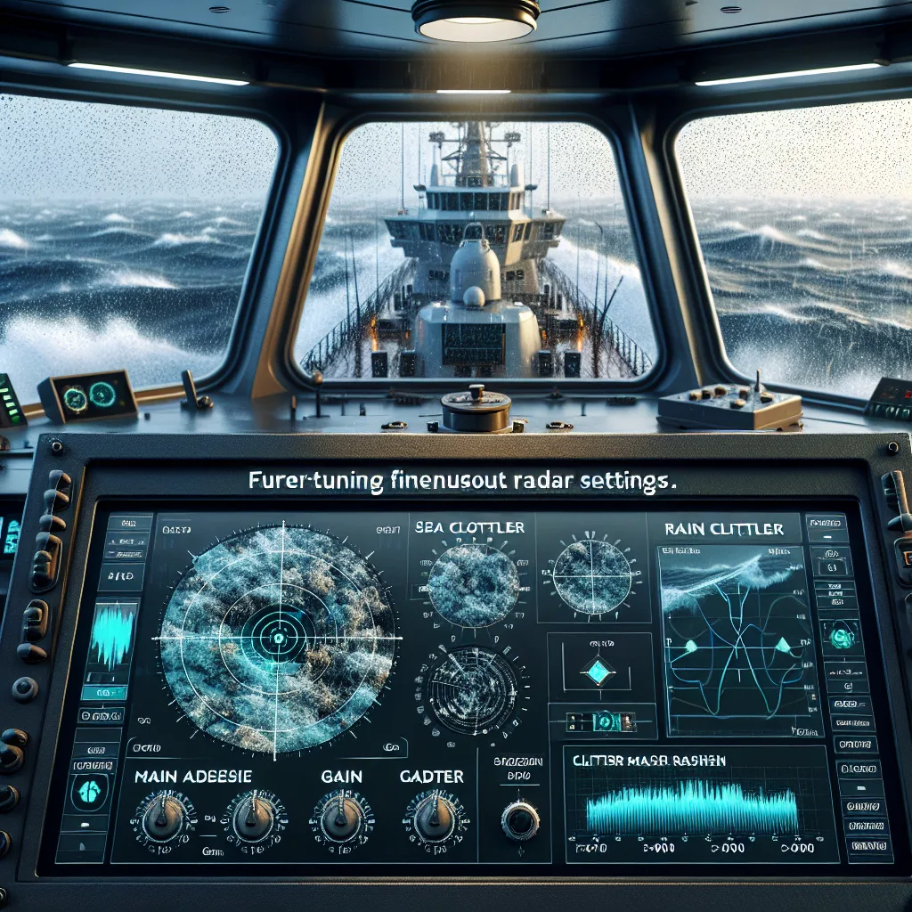 Hyper-realistic maritime scene featuring a modern ship's bridge equipped with an advanced radar display showing sea clutter and rain clutter patterns, with the radar screen clearly illustrating gain and clutter adjustments; outside the bridge windows, stormy seas with rain and moderate waves are visible, highlighting the operational environment where radar tuning is critical.