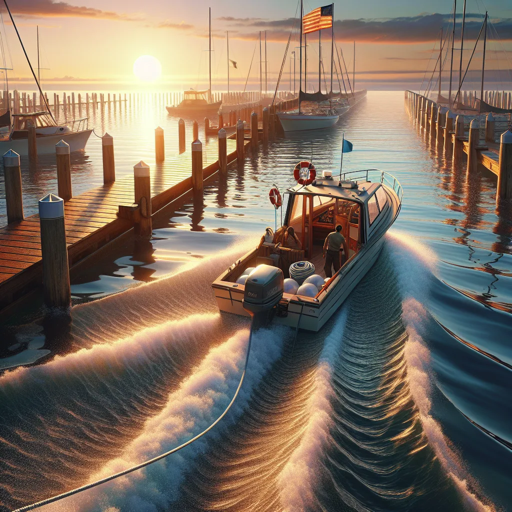 A hyper-realistic digital painting of a small motorboat carefully approaching a dock in a harbor at sunset. The scene shows visible south wind bending the water surface creating gentle waves and ripples, while a mild current flows parallel to the dock. The boat is angled slightly against the crosswind, with fenders deployed and crew members adjusting mooring lines. The warm light highlights the textures of the boat's hull and the wooden dock, with flags fluttering, and a clear sky with subtle clouds in the background.
