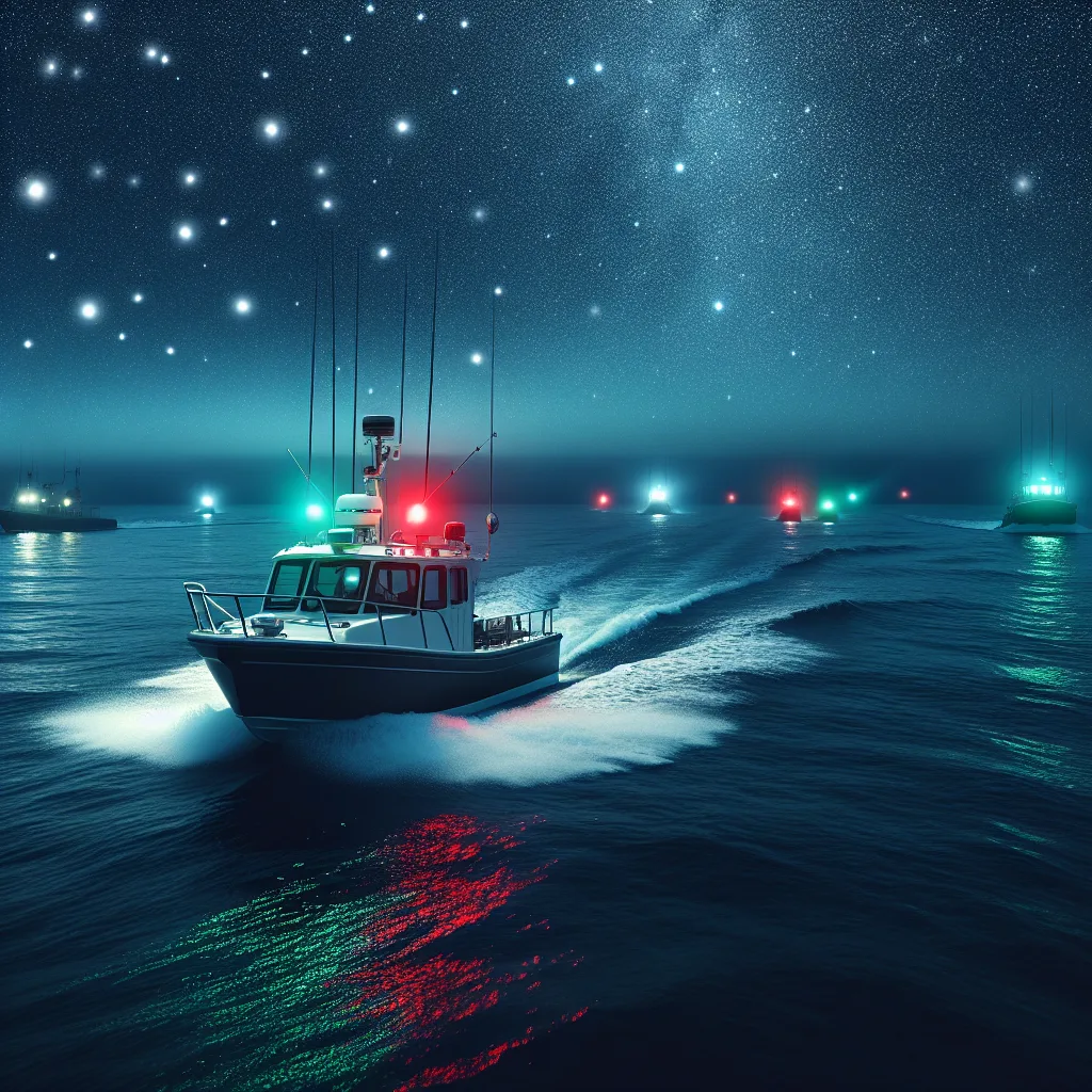 A hyper-realistic nighttime nautical scene showing a small motorboat navigating in dark waters illuminated by vivid red and green navigation lights on its port and starboard sides, with a clear starry sky above and distant ships visible with their own navigation lights, emphasizing safe night navigation practices.