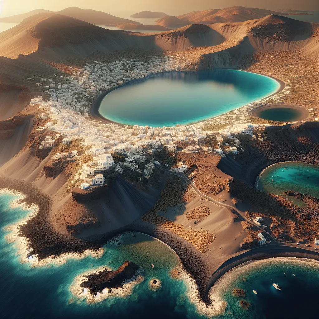 Nisyros Greek island featuring volcanic crater landscape mixed with traditional white villages on cliffs, turquoise coves and pebble beaches under warm golden hour summer daylight, hyper-realistic, cinematic ultra-detailed rendering capturing the rugged volcanic textures and serene seaside charm