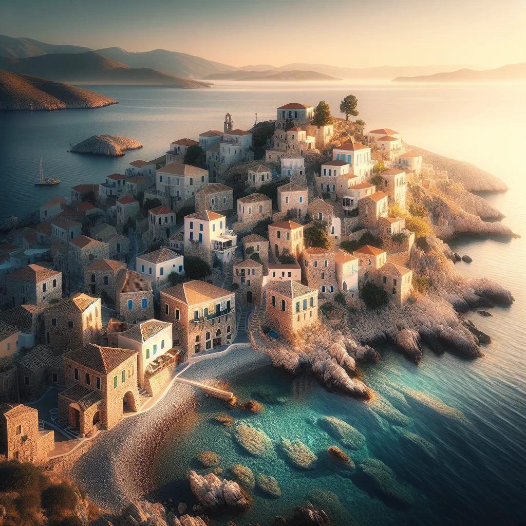 Hydra island in the Saronic Gulf featuring rugged stone architecture and tranquil, small coves with crystal clear waters, under golden hour sunlight. Hyper-realistic, cinematic, ultra-detailed depiction of the island's quaint villages, pebble beaches, and elevated viewpoints highlighting the Aegean Sea's endless blue horizon.