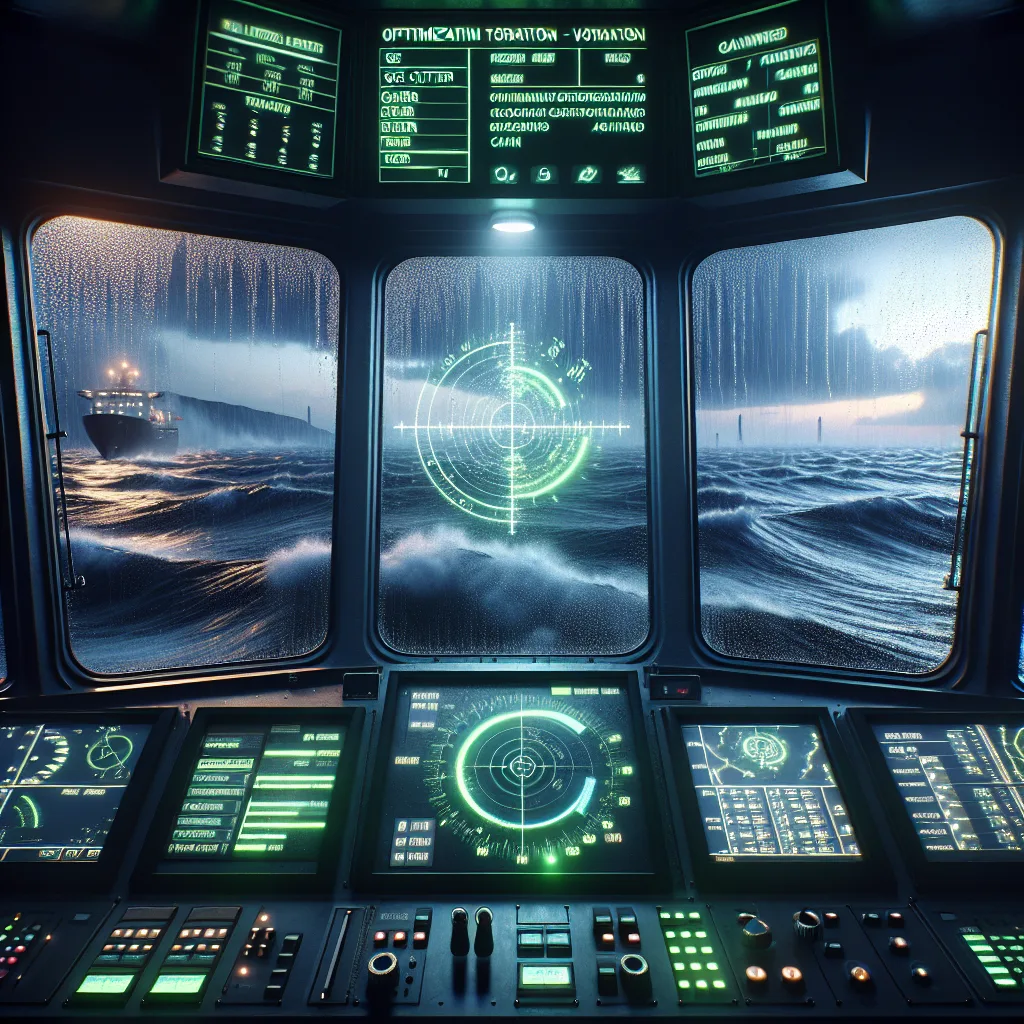 Hyper-realistic scene depicting a ship's radar console on the bridge illuminated at night, showing the radar screen with clear optimization: sea clutter filters active showing minimal wave interference, rain clutter filter adjusting to moderate rain on the forward radar display, with gain settings visibly tuned for clarity. Outside the bridge windows, the ocean surface shows moderate waves under cloudy rain-filled sky, with realistic reflections and rain droplets on the glass, and distant vessels faintly visible on the horizon. The technical setup includes various nautical instruments around, emphasizing advanced maritime navigation technology in challenging weather.