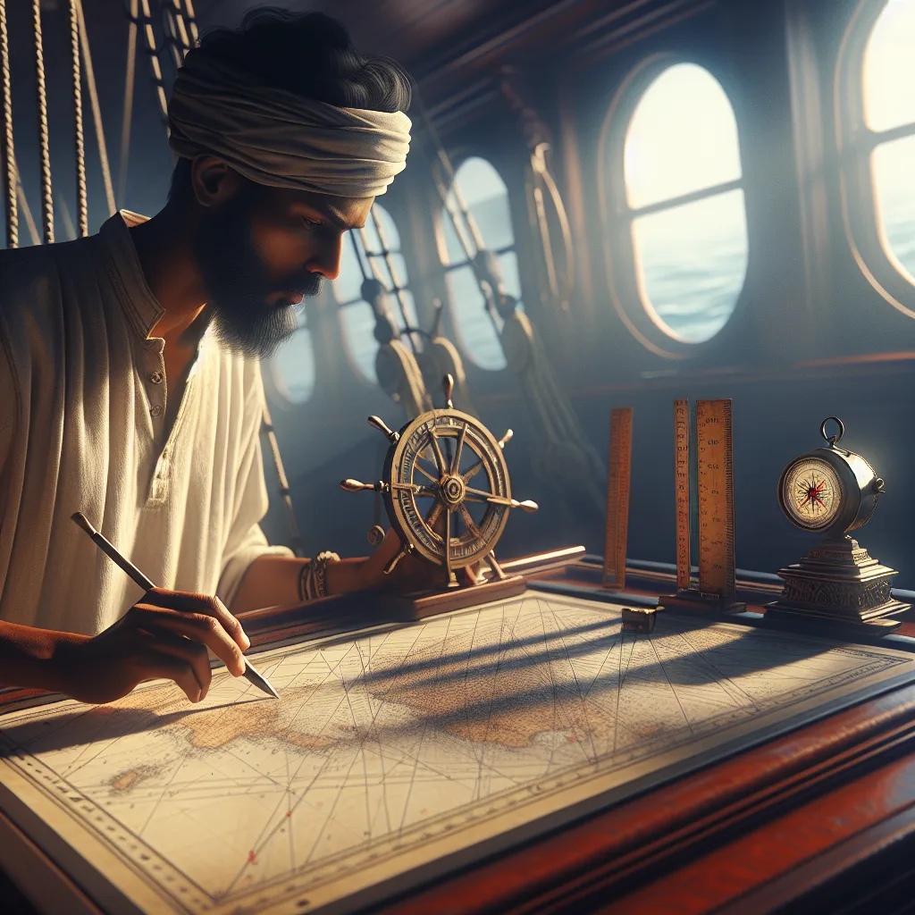 Hyper-realistic digital art of a sailor charting a course on a detailed nautical paper chart using parallel rulers and a compass. The scene is set on a wooden navigation desk aboard a classic sailing vessel, with sunlight filtering through a porthole, illuminating precise lines and navigation tools that highlight maritime tradition and seamanship.