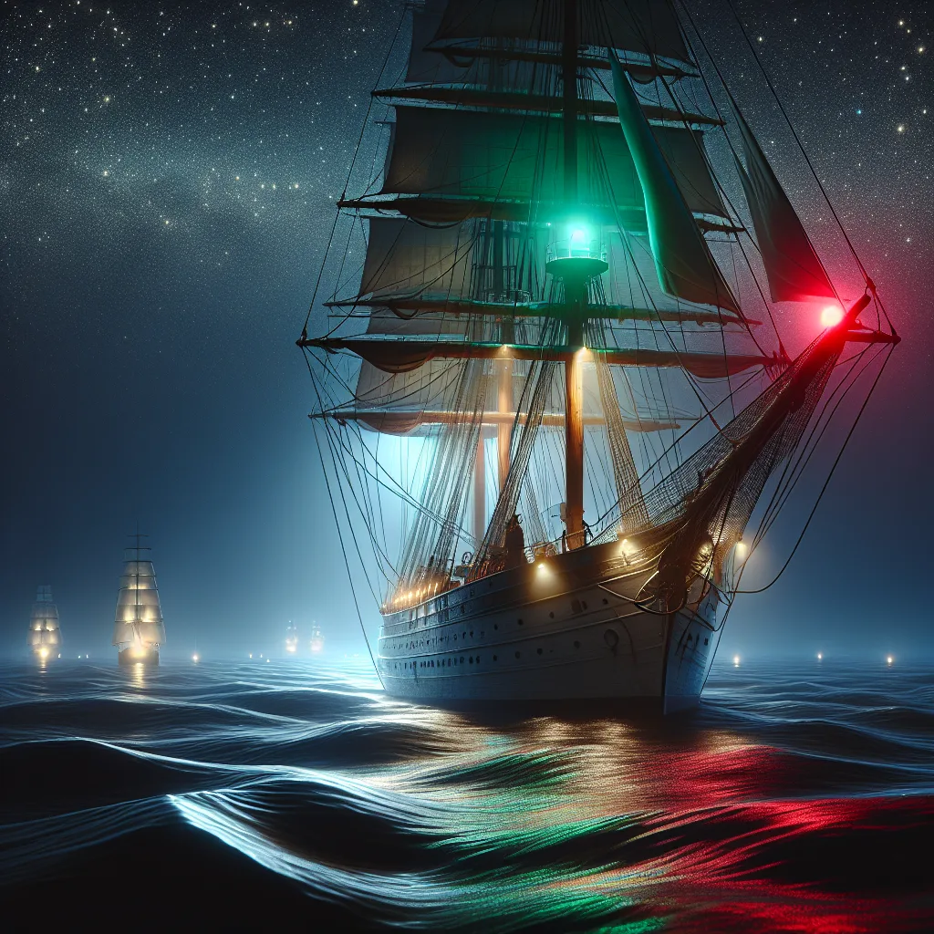 Hyper-realistic nighttime maritime scene depicting a sailing vessel navigating calmly under starry sky, with clear vivid red and green navigation lights glowing brightly on port and starboard sides. The water reflects the colorful lights softly. The horizon shows distant silhouettes of other boats with navigation lights, emphasizing safe sea navigation at night. The scene has a serene mood, realistic water texture and detailed ship rigging illuminated by the glow of the lights.