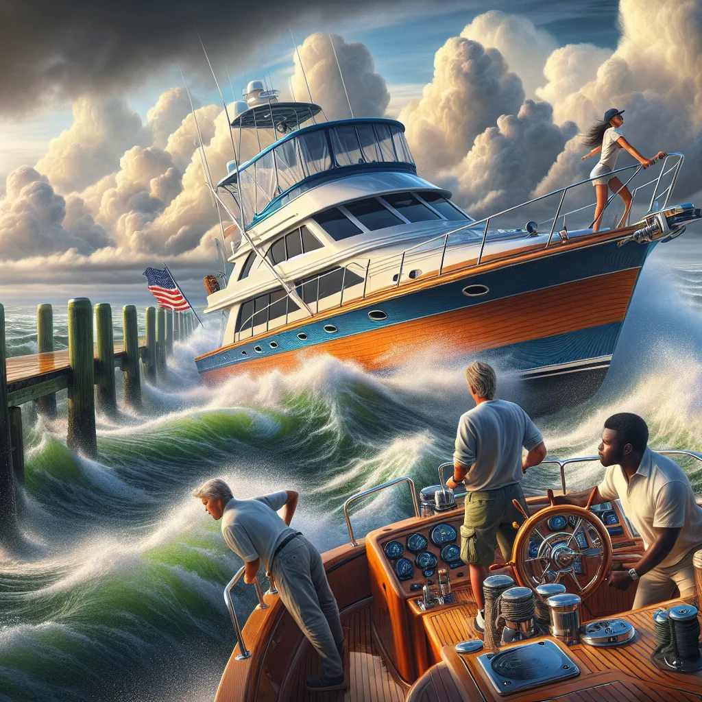Hyper-realistic image of a motor yacht approaching a wooden dock under strong crosswind and visible coastal currents, with the captain operating the helm carefully, the water showing subtle waves indicating current flow, spray from wind, and crew members preparing mooring lines; detailed sky with dynamic clouds emphasizing windy conditions, vibrant colors, daylight scene