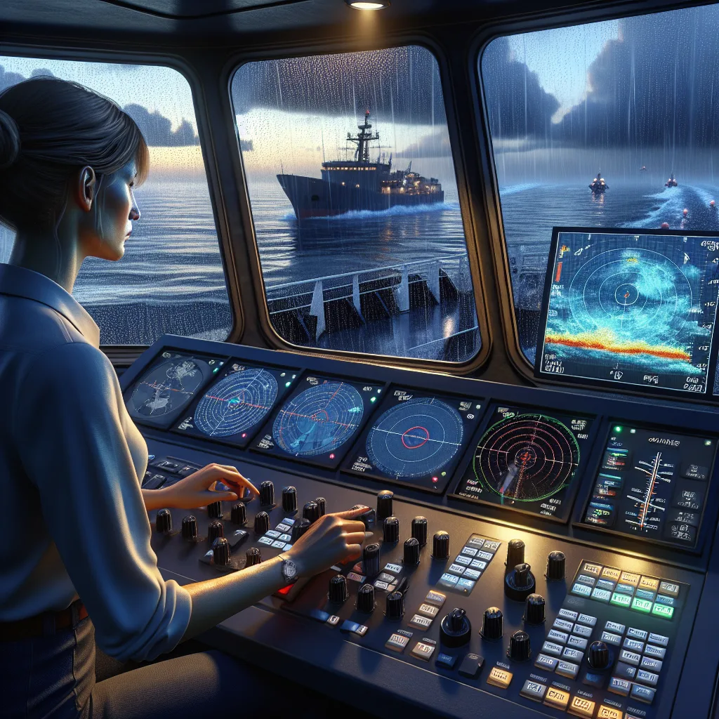 A hyper-realistic maritime bridge scene at dusk, showing a navigator adjusting the radar control panel on a modern vessel. The radar display exhibits clear screen samples of sea clutter, rain clutter, and ship echoes with tuned gain settings. Outside the large forward windows, a rain shower partially obscures the sea horizon under a stormy sky. The instrument panel glows softly with accurately detailed radar knobs, digital readouts, and multi-color indicators to reflect optimized radar tuning in challenging weather.