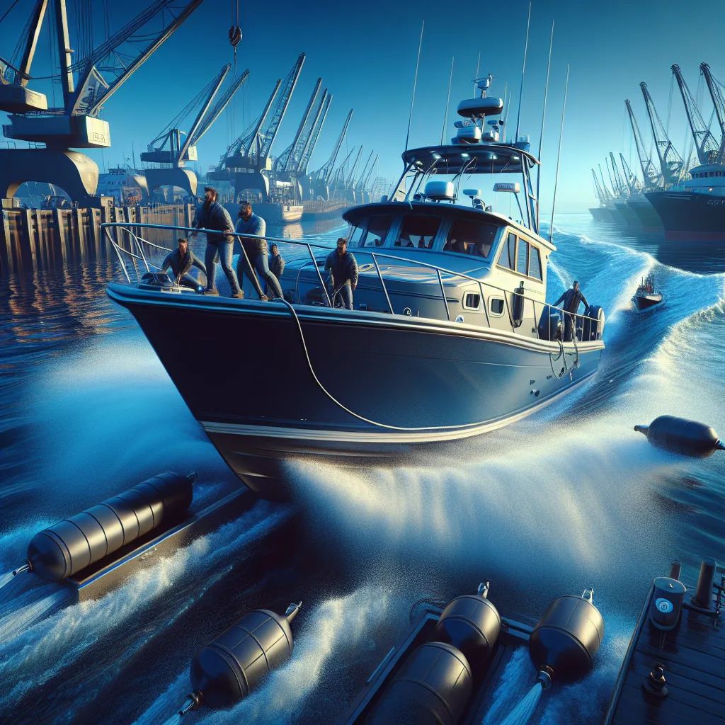 A hyper-realistic scene of a medium-sized motorboat approaching a busy harbor dock under a clear blue sky with visible side wind and noticeable water current moving perpendicular to the boat's path. The boat is skillfully maneuvering with the bow thruster in action, crew members actively handling mooring lines on the deck, and fenders properly rigged on the hull to protect against contact with the dock. Surrounding elements include moored vessels, cranes, and maritime navigational aids illustrating a dynamic port environment.