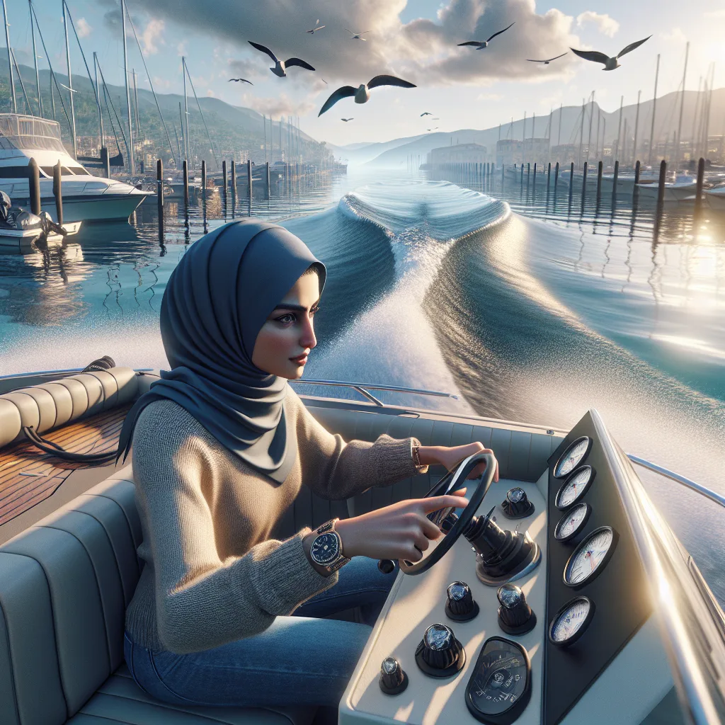 A hyper-realistic image of a motorboat approaching a dock in a sunny coastal harbor with visible side wind and tidal currents creating subtle waves. The boat's captain is focused, adjusting the throttle and rudder. The dock shows mooring lines and fenders properly arranged. Background includes calm water with visible ripples reflecting crosscurrent, seagulls in the sky, and marina infrastructure with other boats moored, under clear blue sky with gentle breeze.