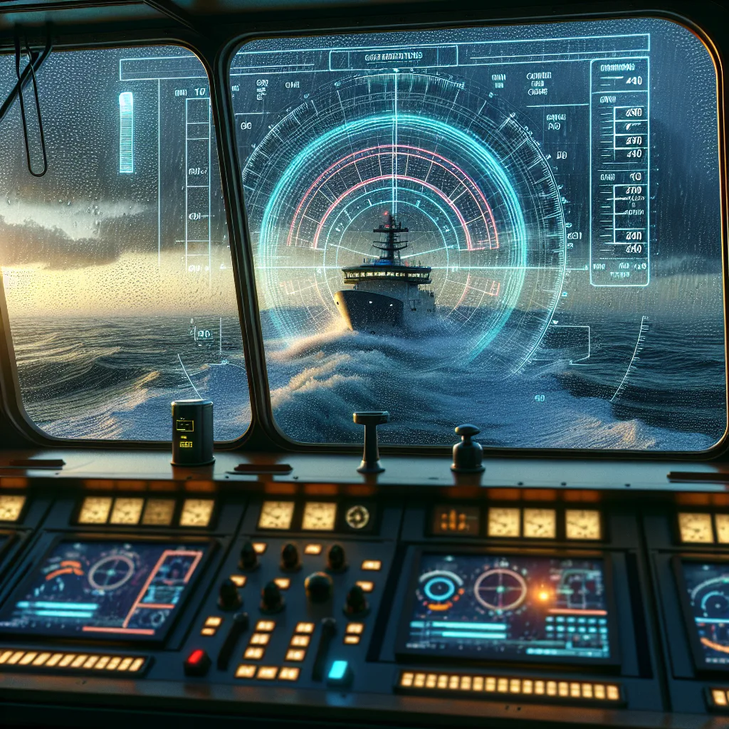 A hyper-realistic maritime bridge scene at dusk showing a sophisticated ship radar display vividly highlighting real-time sea clutter and rain clutter effects with digital overlays of tuning parameters such as gain levels and clutter suppression activated, viewed through a panoramic window with choppy waves and light rain visible outside, capturing the technical environment and operational atmosphere of advanced nautical radar optimization.