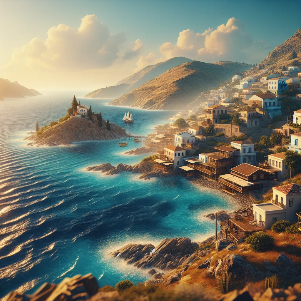 Ψαρά, ελληνικό νησί στο Βορειοανατολικό Αιγαίο, με βραχώδεις ακτές και μικρά ψαροχώρια. Τοπίο με γραφικά χωριά πάνω σε απότομες πλαγιές που αντικρίζουν τα καταγάλανα νερά. Φωτισμός χρυσής ώρας, καλοκαιρινό σκηνικό με ήρεμη θάλασσα και ηλιόλουστο ουρανό. Στυλ υπερ-ρεαλιστικό, υπερ-λεπτομερές και κινηματογραφικό που αναδεικνύει την αυθεντικότητα και τη γαλήνη του τοπίου.