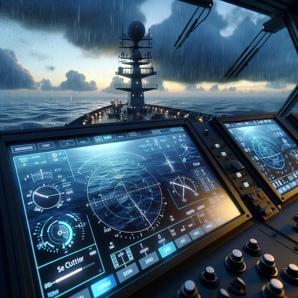 A hyper-realistic maritime bridge scene at dusk, featuring a modern ship's radar display with clear visualization of gain settings, sea clutter, and rain clutter on the screen; in the background, a stormy sea with moderate waves and rain is visible, highlighting the operational environment; the radar antenna atop the mast is rotating against a cloudy sky with lightning in the distance, emphasizing technical precision and challenging maritime conditions.
