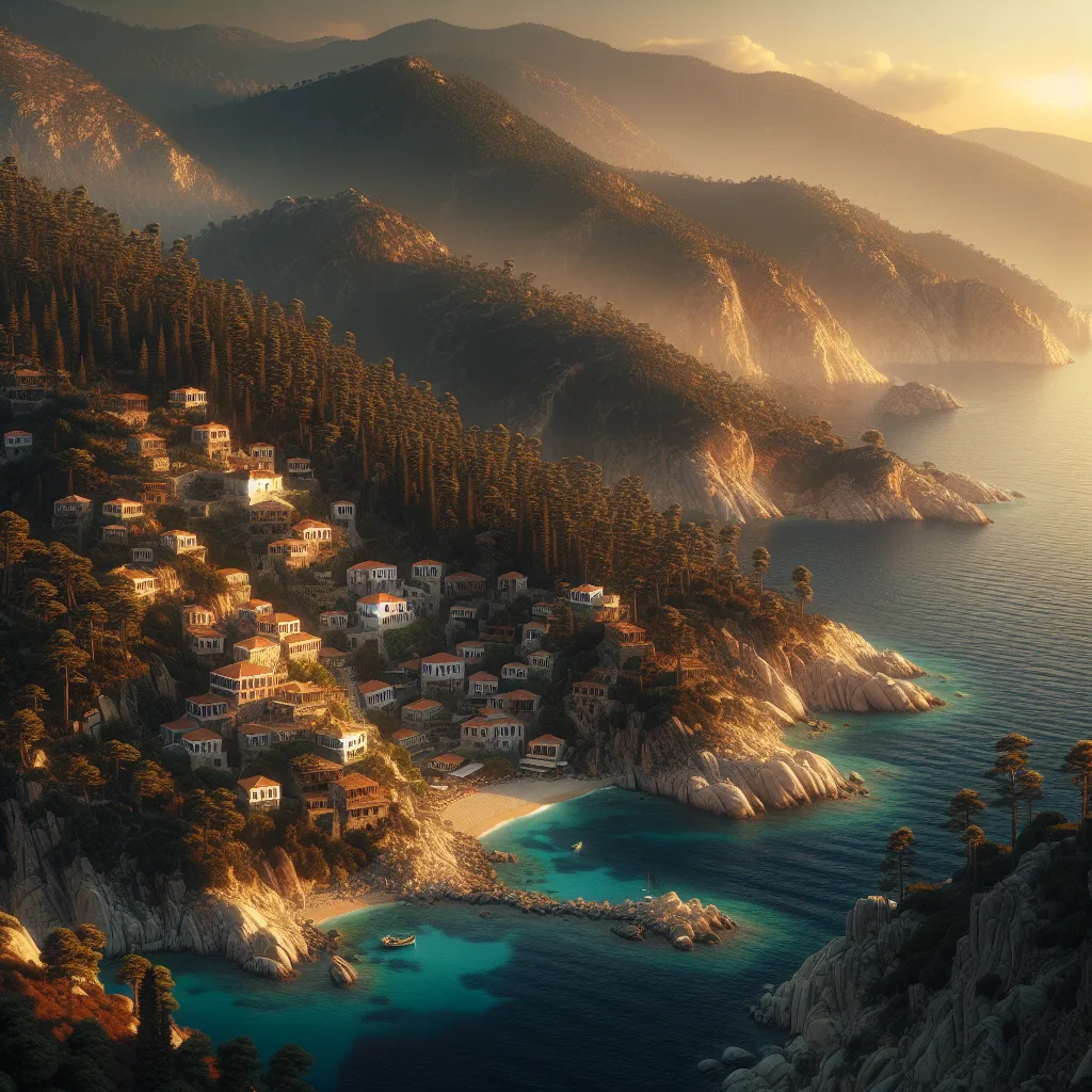 Hyper-realistic cinematic ultra-detailed depiction of Ikaria island in the North Aegean, Greece at golden hour. Showcasing rugged cliffs, dense pine forests meeting azure coves and sandy beaches like Seychelles beach. Include a picturesque traditional village with whitewashed houses and red tile roofs on hilly terrain, overlooking the deep blue sea. Emphasize natural waterfalls and mountainous viewpoints in the background, with soft warm light casting long shadows.