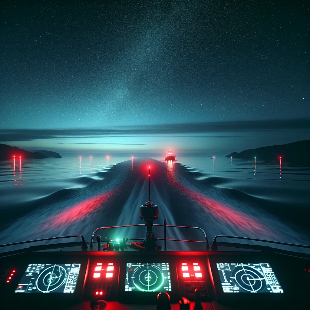 hyper-realistic night maritime scene showing a motorboat navigating a dark sea illuminated by red (port) and green (starboard) navigation lights, subtle reflections on calm water, starry sky with faint moonlight, detailed vessel deck with red cockpit lights preserving night vision, radar screen glowing softly inside the cabin, distant silhouette of another ship with navigation lights visible, conveying the essence of safe night navigation in coastal waters