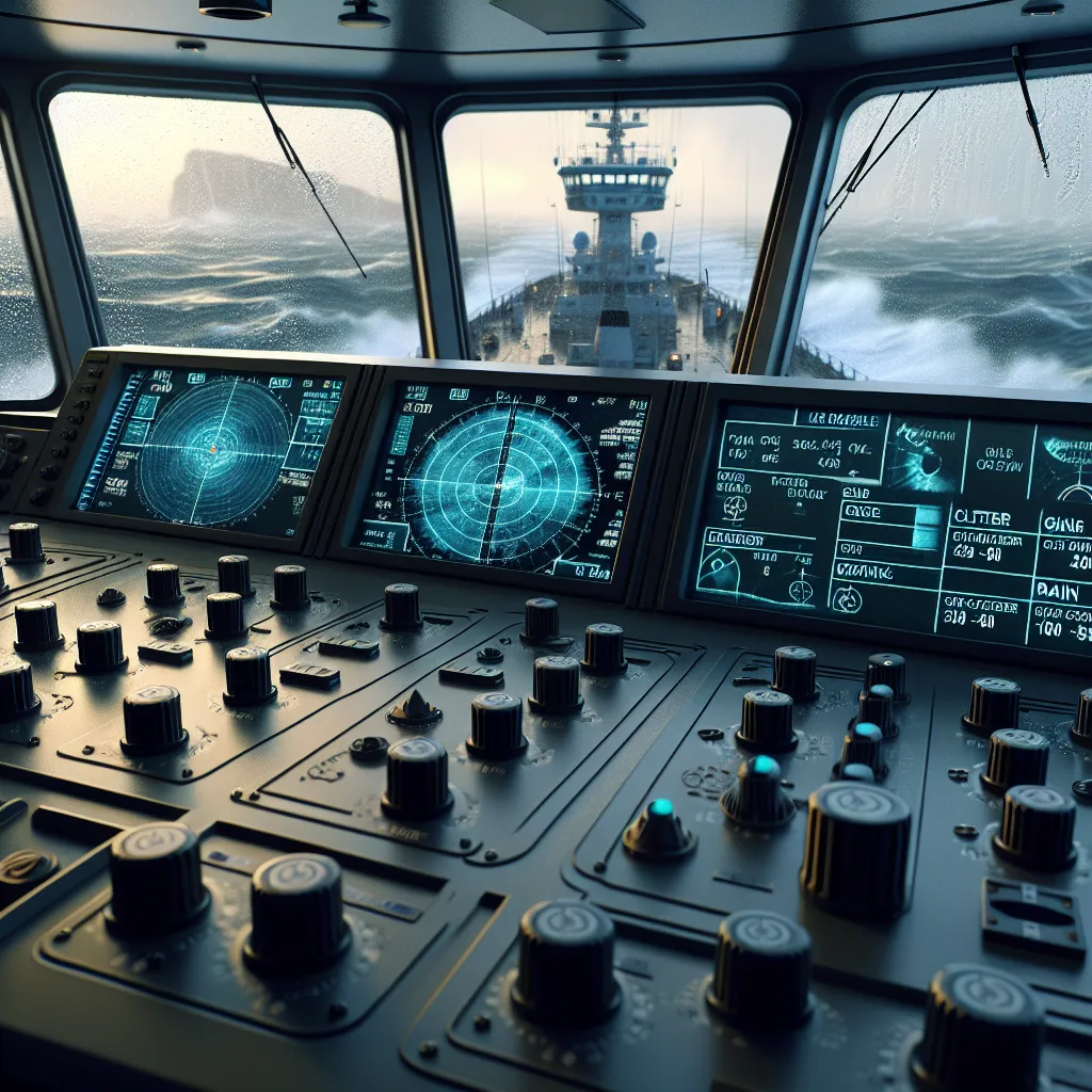 Hyper-realistic maritime scene showing a modern ship’s radar display on the bridge, with clear radar echoes distinguishing clutter from real targets. The bridge is illuminated subtly, with a highly detailed radar console showing gain, sea clutter, and rain clutter adjustment knobs. Outside through large windows, a stormy sea with visible rain and waves under low visibility conditions is depicted, emphasizing the technical challenge of radar tuning and optimization in adverse weather.