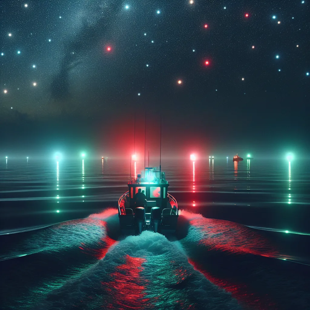 A hyper-realistic night-time maritime scene showing a motorboat navigating calm seas illuminated by red and green navigation lights on each side, with a clear dark sky full of stars, visible reflections of the colored lights on the water surface, and faint silhouettes of distant vessels also displaying navigation lights, emphasizing safe night navigation practices.