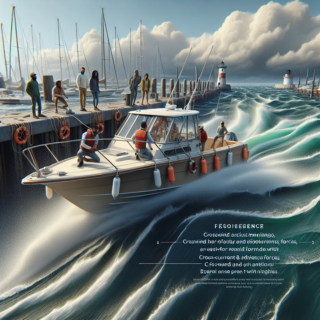 A hyper-realistic nautical scene depicting a small motorboat maneuvering carefully into a harbor entrance with visible crosswind and side current forces, fenders deployed, crew on deck assisting with lines, dynamic water movement around the hull, mooring docks and lighthouse in the background under a partly cloudy sky, emphasizing the tension and technique needed for docking in challenging environmental conditions