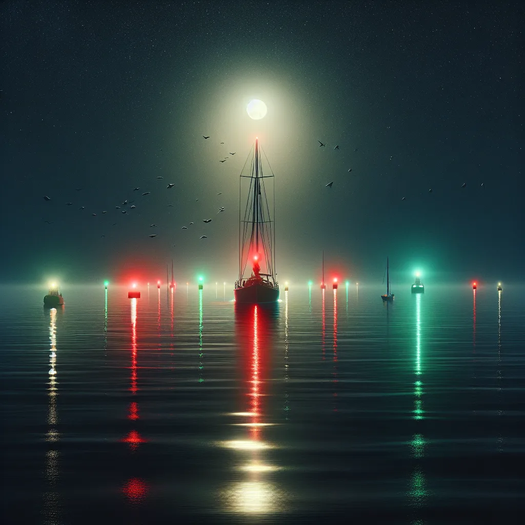 Hyper-realistic nighttime sea scene depicting a sailboat with its bright red port side and green starboard navigation lights clearly visible, reflected on calm water. The sky is starry with a faint full moon. Other vessels in the distance show their navigation lights, and the horizon features subtle light glow from a distant coastal town. The image conveys the crucial importance of navigation lights for safe maritime travel at night.