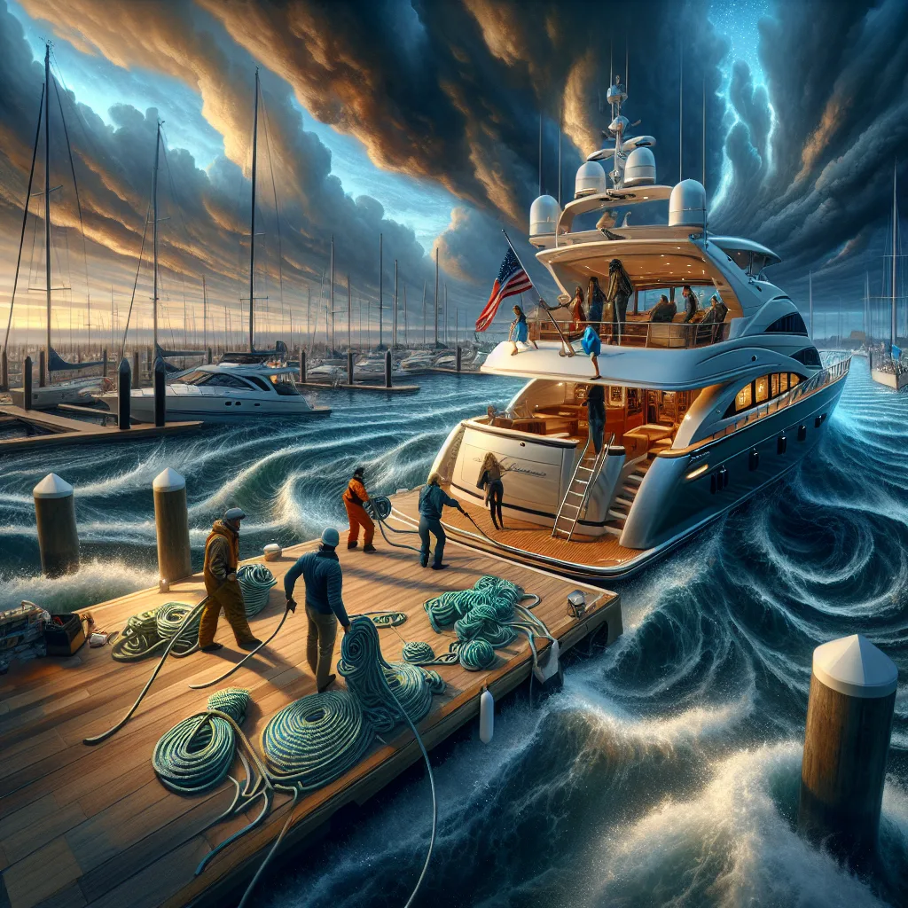 A hyper-realistic scene of a motor yacht approaching a marina dock in early twilight, under challenging conditions of strong crosswind and visible crosscurrent. The yacht tilts slightly due to the side wind, with water currents visibly swirling. Crew members on deck are readying mooring lines, while the marina infrastructure and other moored boats frame the background. The sky shows dynamic cloud formations indicating windy conditions, and the lighting highlights the tension and precision required in docking maneuvers.