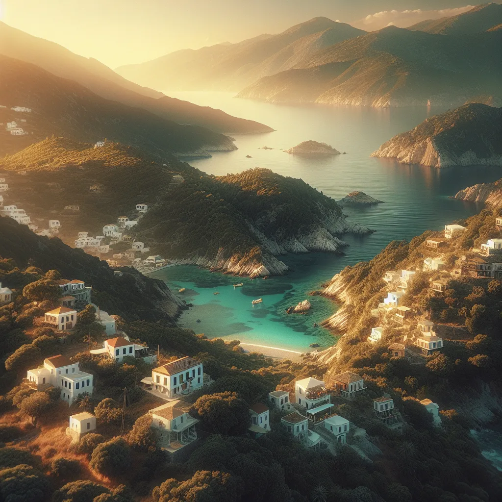 Hyper-realistic cinematic ultra-detailed landscape of Ikaria Island featuring rugged cliffs, dense green forests, and crystal-clear blue coves kissed by summer daylight in golden hour, with traditional villages perched on hillsides showing whitewashed houses and tiled roofs, capturing the tranquil, slow-paced life and authentic character of Ikaria