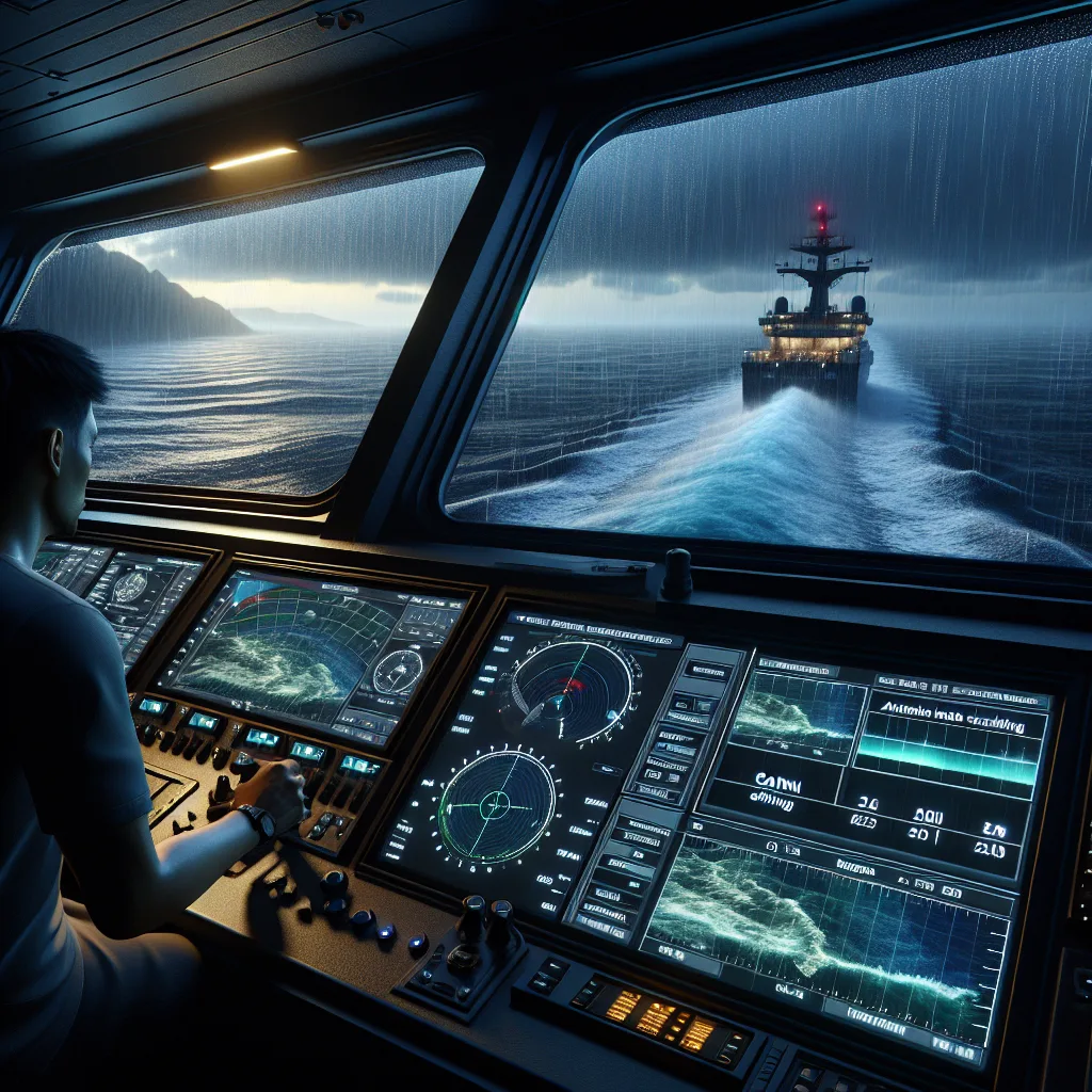 Hyper-realistic maritime radar display in the bridge of a modern ship at night, showing detailed radar screen with optimized gain settings, sea clutter suppression effects visible as clear waters versus minimal noise near the ship's wake; atmospheric rain clutter simulated on screen and bridge instruments active, realistic operator hands adjusting radar controls, with a window view of a turbulent sea and a storm with rain, illuminated by ship's navigation lights and dark stormy sky in the background.