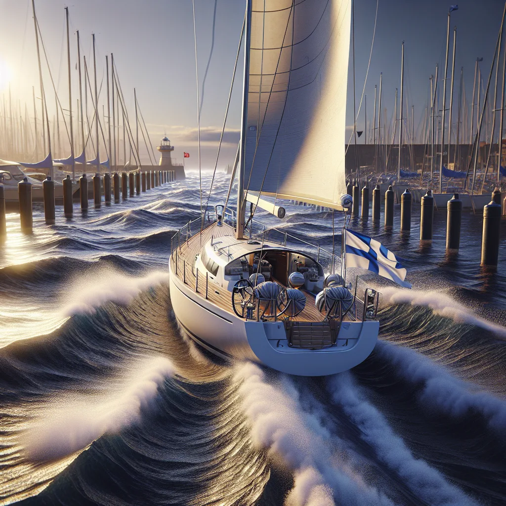 Hyper-realistic maritime scene showing a sailboat approaching a dock in a harbor with visible strong crosswind and crosscurrent effects, waves slanting against the hull, white sails slightly tilted, a marina in the background with ropes and fenders, the sun low on the horizon producing warm light reflections on water, and wind visible by fluttering flags and ripples, emphasizing the challenge of maneuvering in these conditions.