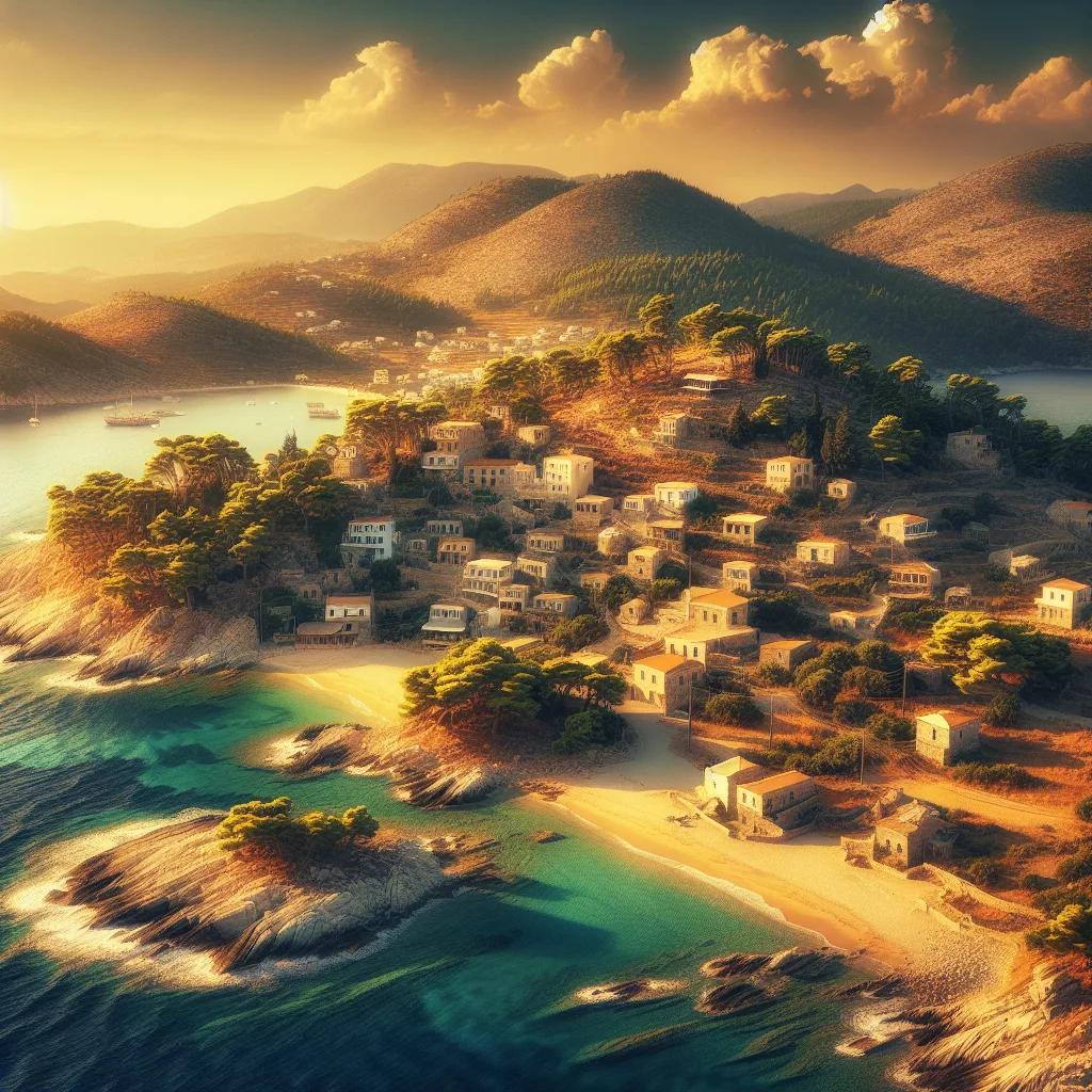 A hyper-realistic, ultra-detailed cinematic depiction of Skyros island in the North Aegean, featuring its rugged cliffs, dense pine forests, golden sandy beaches like Limani and Aspous coves, and traditional villages with stone houses atop green hills under a warm golden hour summer daylight sky