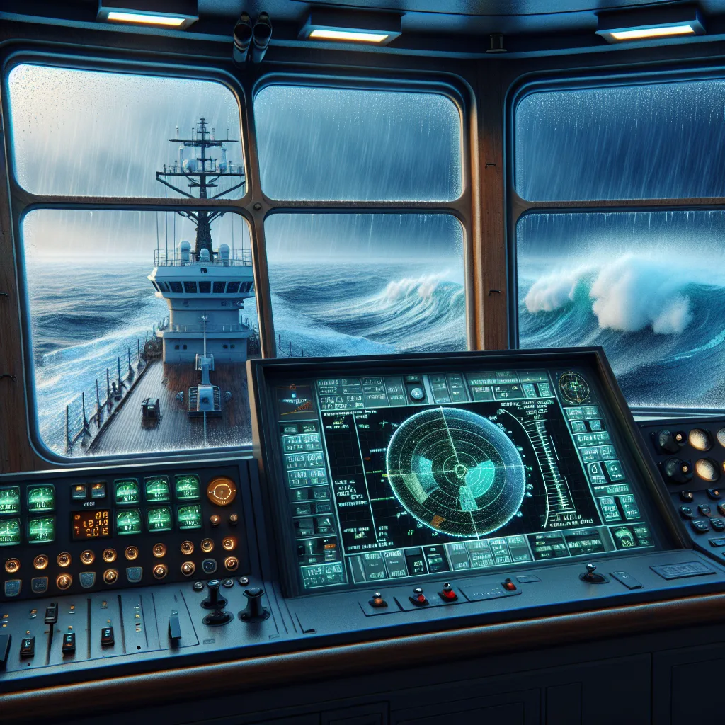 Hyper-realistic close-up view of a modern ship's radar console displaying optimized radar settings on screen, showing clear sea and rain clutter filtering effects, with a rainstorm visible through the bridge window and sea waves reflecting radar signals, highlighting the technical environment of maritime navigation.