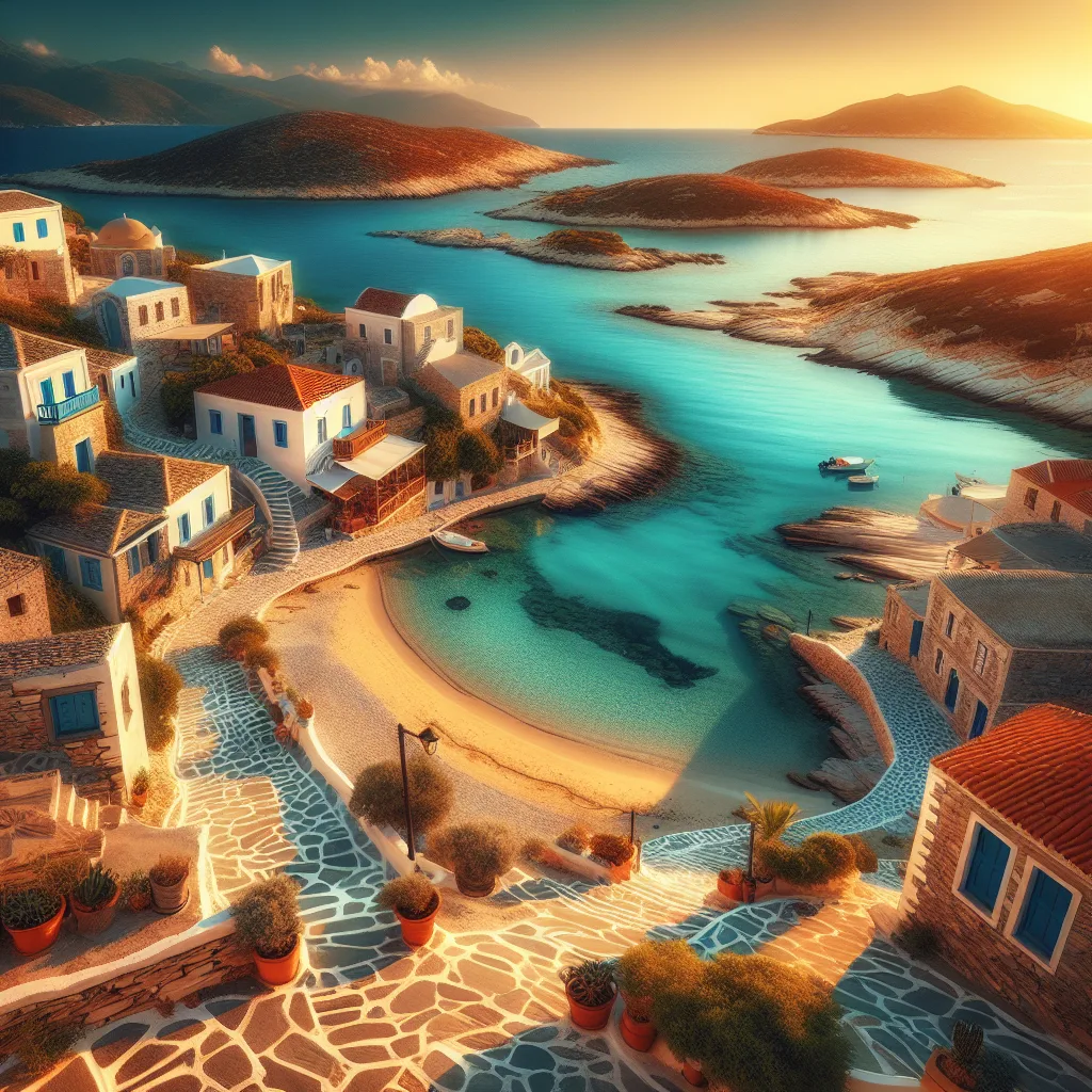 Κάσος νησί, παραδοσιακό νησιωτικό τοπίο με πλακόστρωτα σοκάκια και πέτρινα σπίτια, γαλάζια κρυστάλλινα νερά σε αμμουδερές παραλίες και απομονωμένους κόλπους, χρυσή ώρα ηλιοφάνειας καλοκαιριού, υπερ-ρεαλιστική, κινηματογραφικό στυλ, εξαιρετικά λεπτομερής και ζωντανή απόδοση του φυσικού τοπίου και της πολιτιστικής ατμόσφαιρας